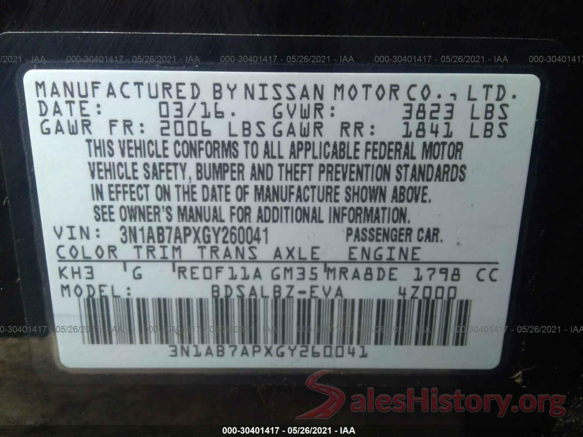 3N1AB7APXGY260041 2016 NISSAN SENTRA