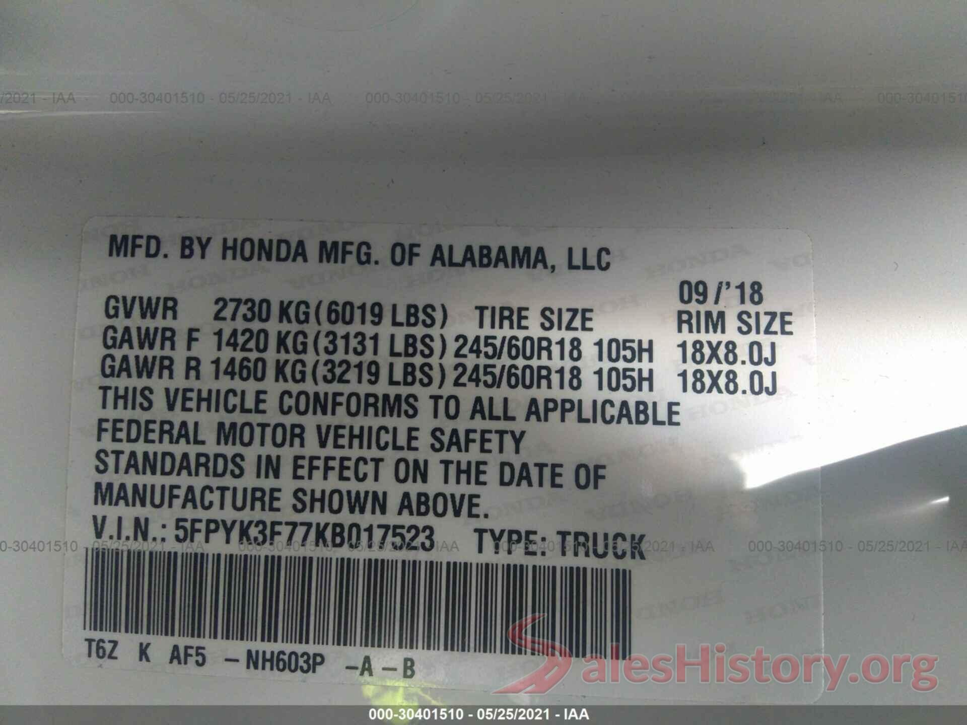 5FPYK3F77KB017523 2019 HONDA RIDGELINE