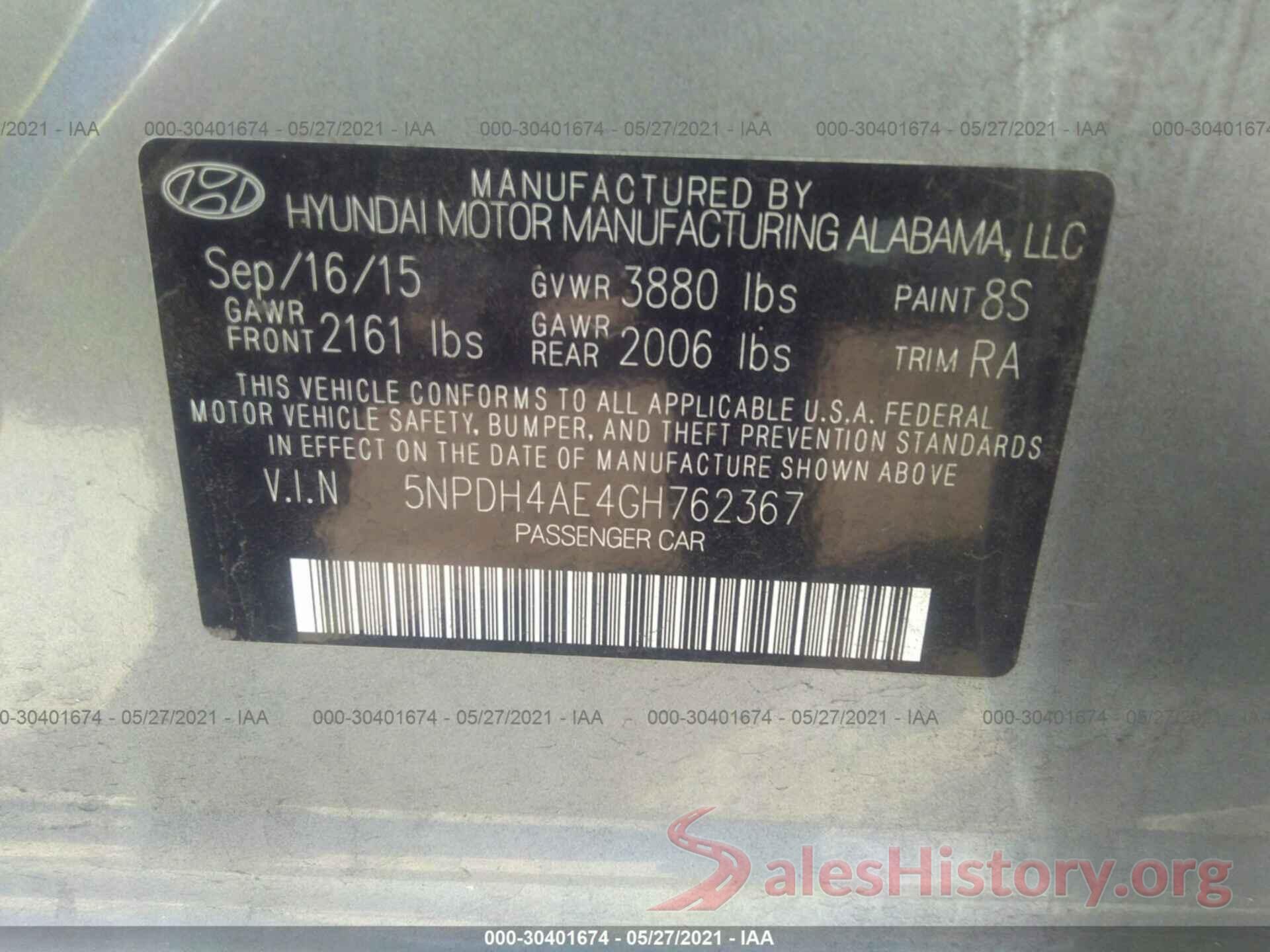 5NPDH4AE4GH762367 2016 HYUNDAI ELANTRA