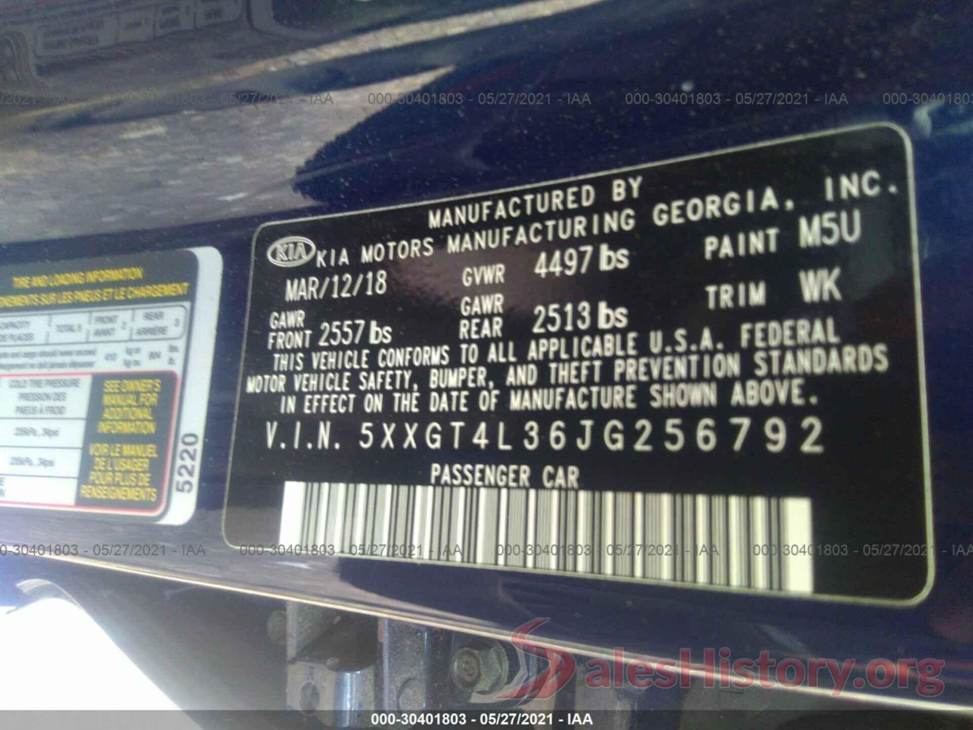 5XXGT4L36JG256792 2018 KIA OPTIMA