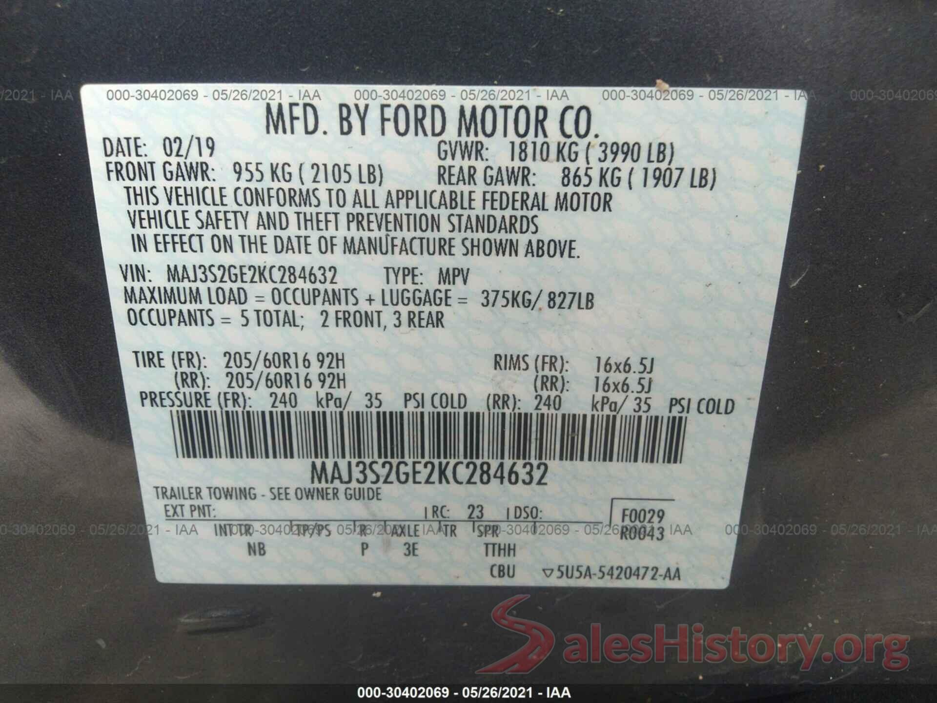 MAJ3S2GE2KC284632 2019 FORD ECOSPORT