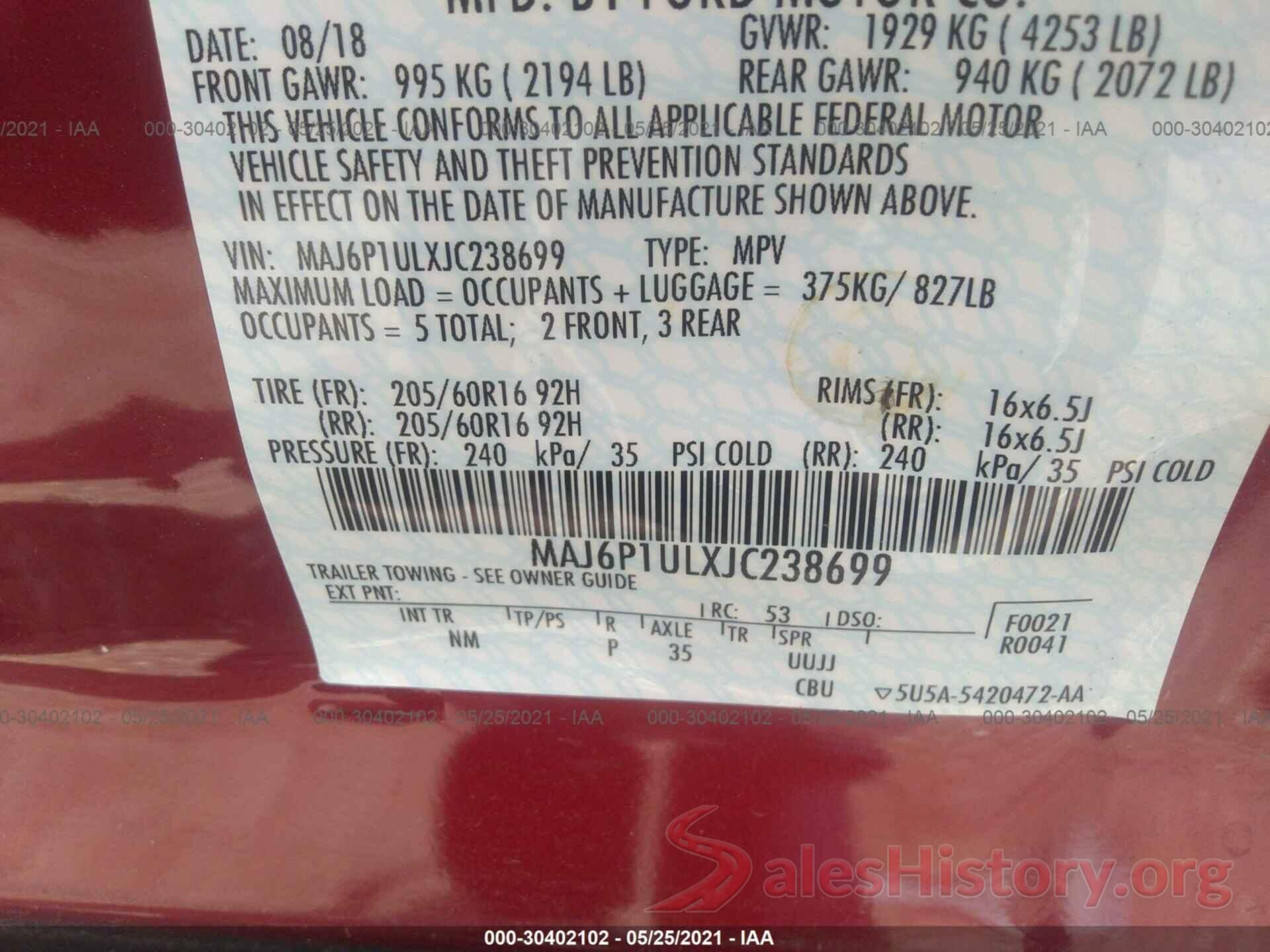 MAJ6P1ULXJC238699 2018 FORD ECOSPORT