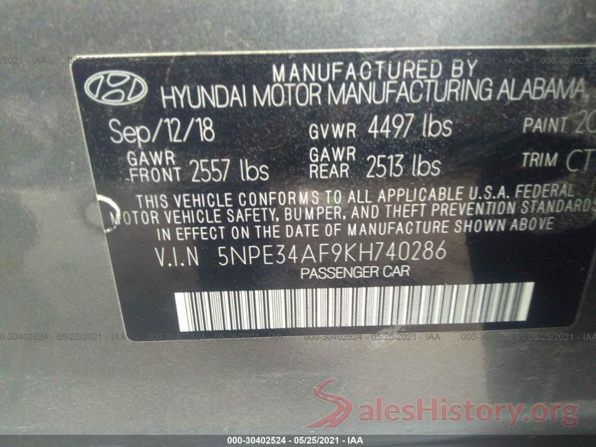 5NPE34AF9KH740286 2019 HYUNDAI SONATA