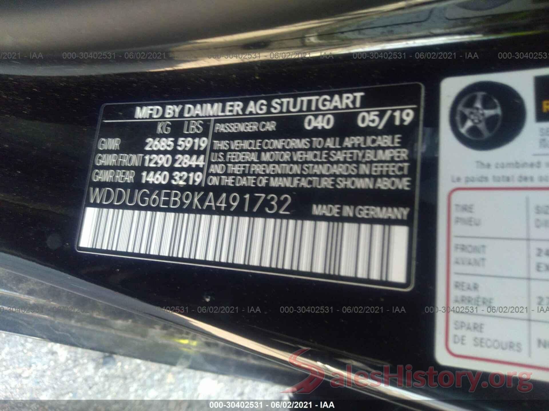 WDDUG6EB9KA491732 2019 MERCEDES-BENZ S-CLASS