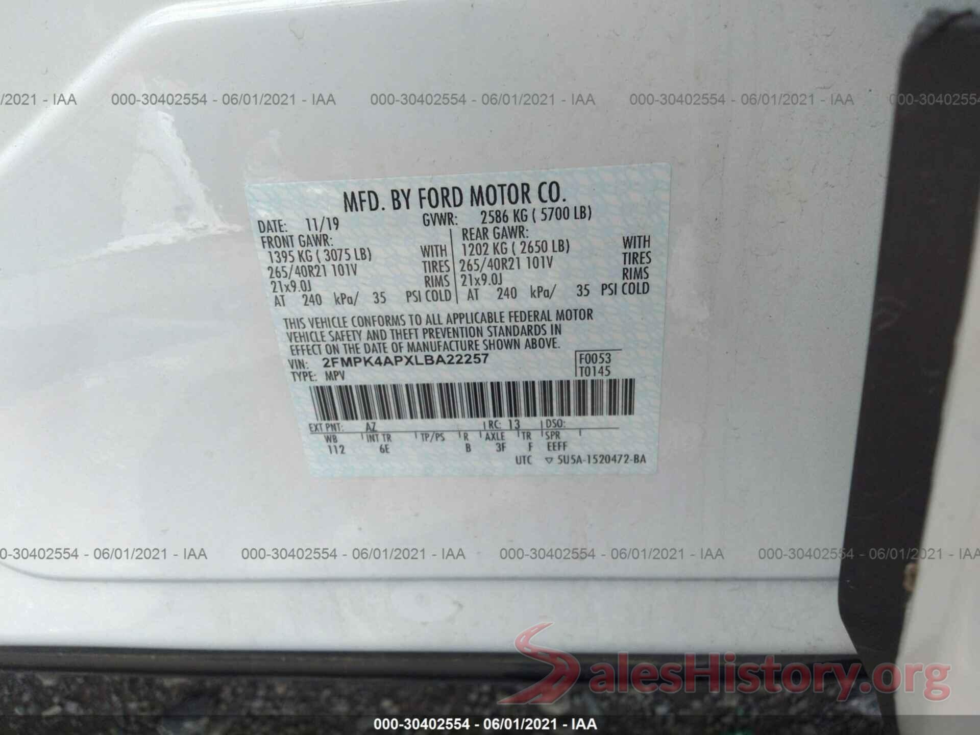 2FMPK4APXLBA22257 2020 FORD EDGE