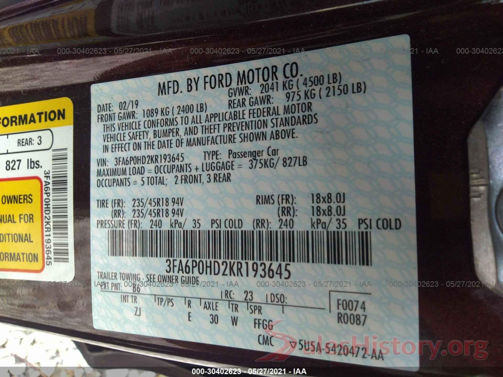 3FA6P0HD2KR193645 2019 FORD FUSION