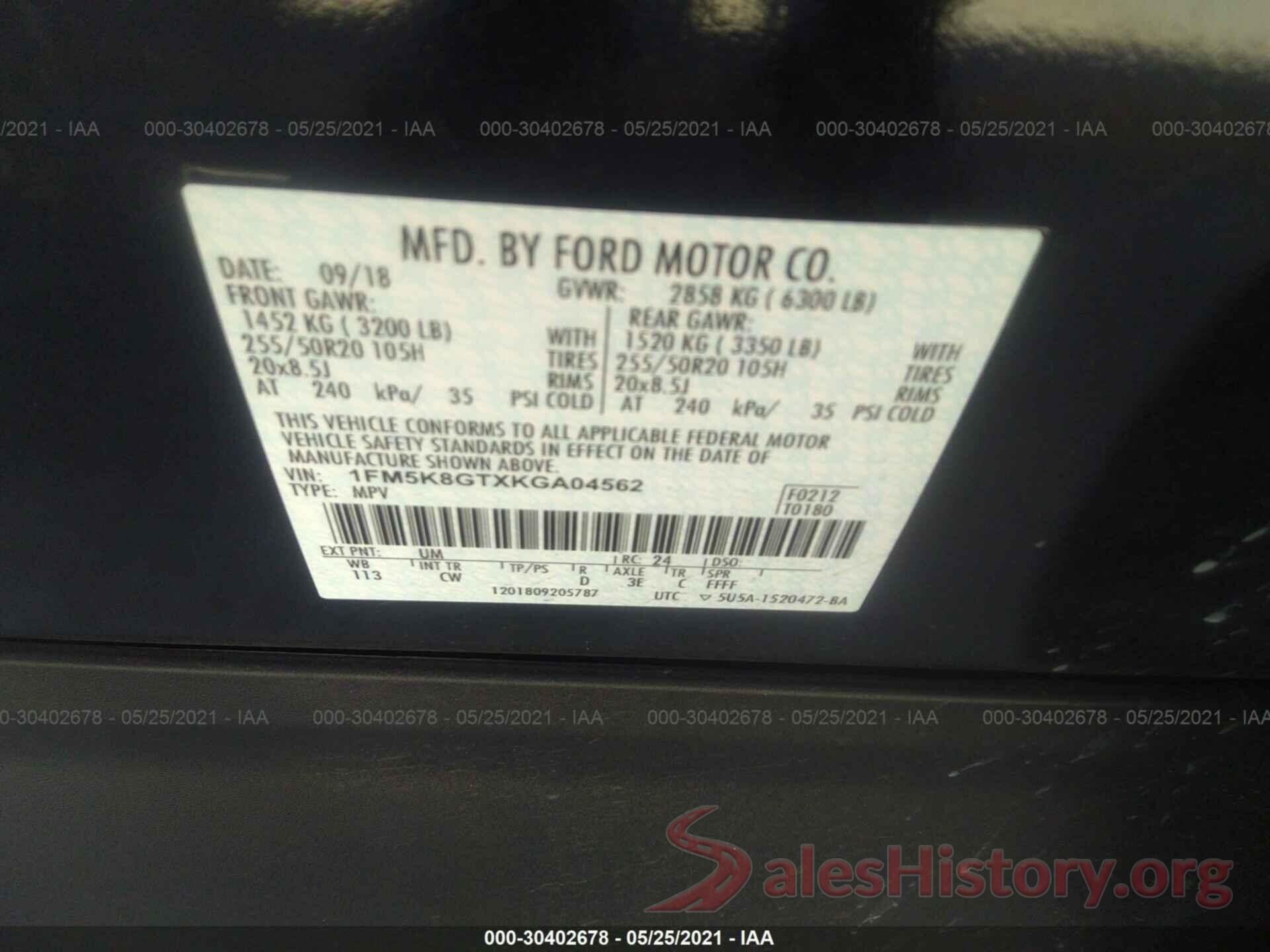 1FM5K8GTXKGA04562 2019 FORD EXPLORER