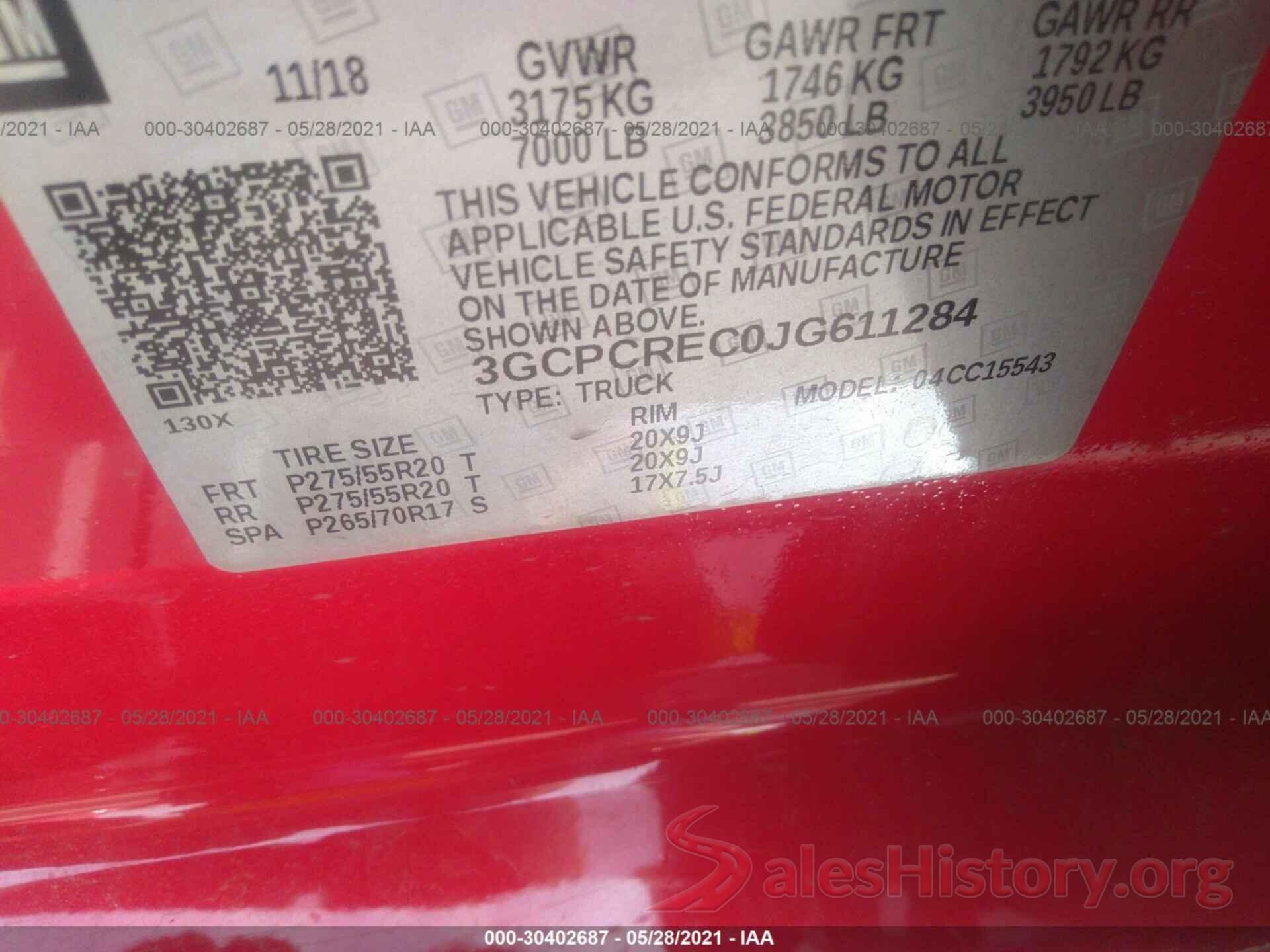 3GCPCREC0JG611284 2018 CHEVROLET SILVERADO 1500