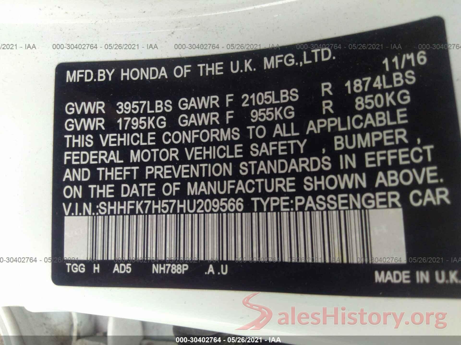 SHHFK7H57HU209566 2017 HONDA CIVIC HATCHBACK