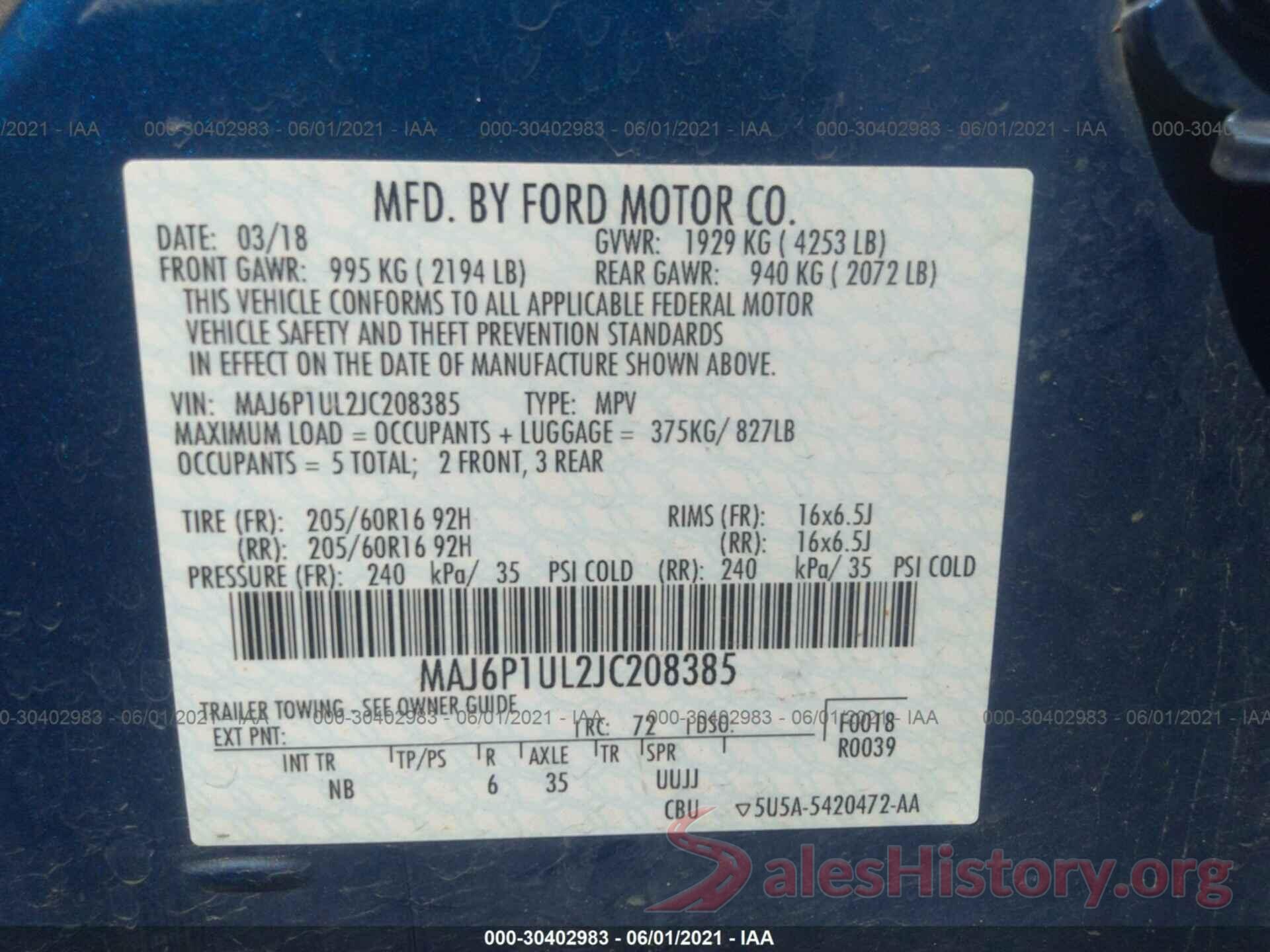 MAJ6P1UL2JC208385 2018 FORD ECOSPORT