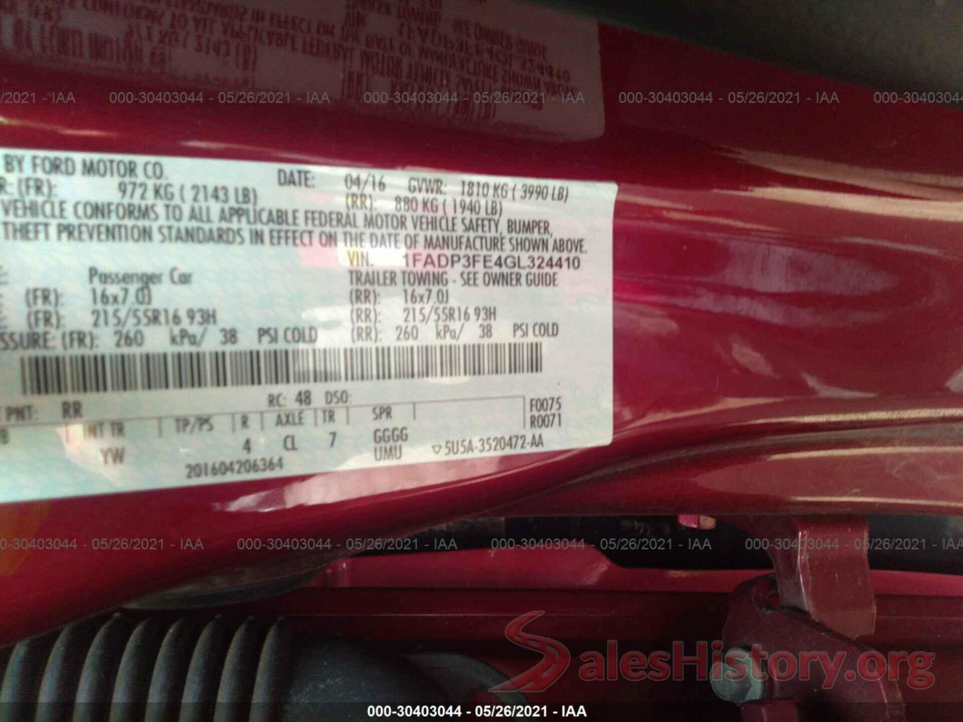 1FADP3FE4GL324410 2016 FORD FOCUS