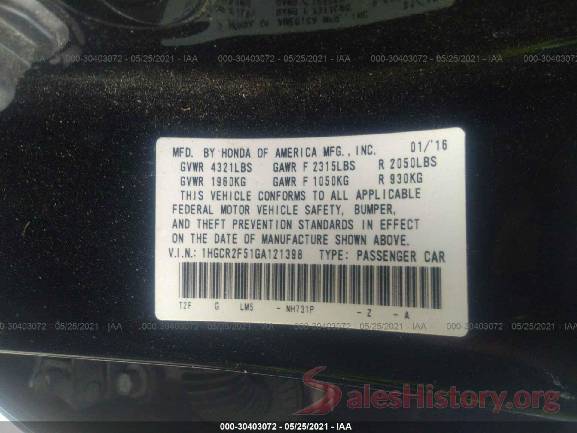 1HGCR2F51GA121398 2016 HONDA ACCORD SEDAN