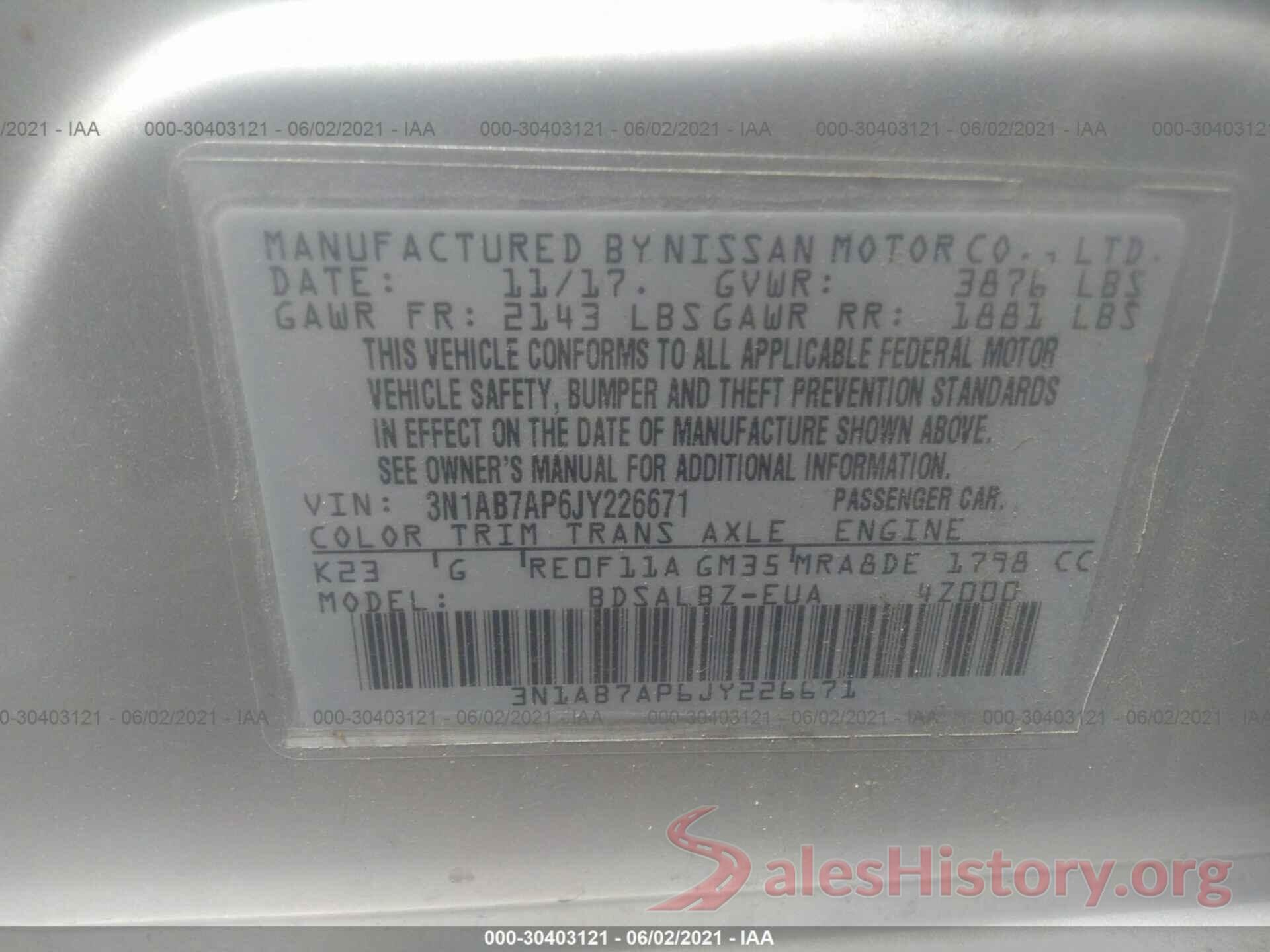 3N1AB7AP6JY226671 2018 NISSAN SENTRA