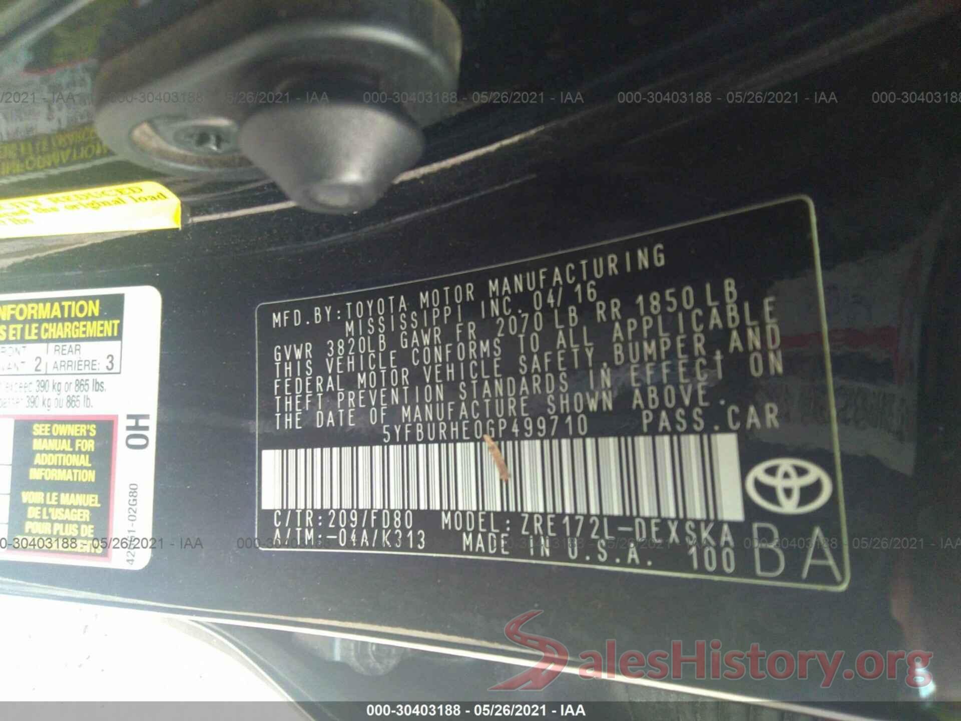 5YFBURHE0GP499710 2016 TOYOTA COROLLA