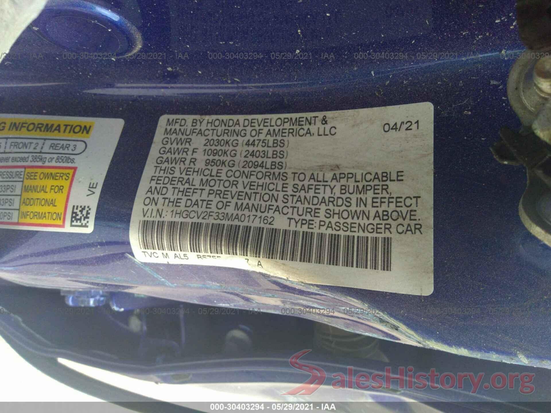 1HGCV2F33MA017162 2021 HONDA ACCORD SEDAN