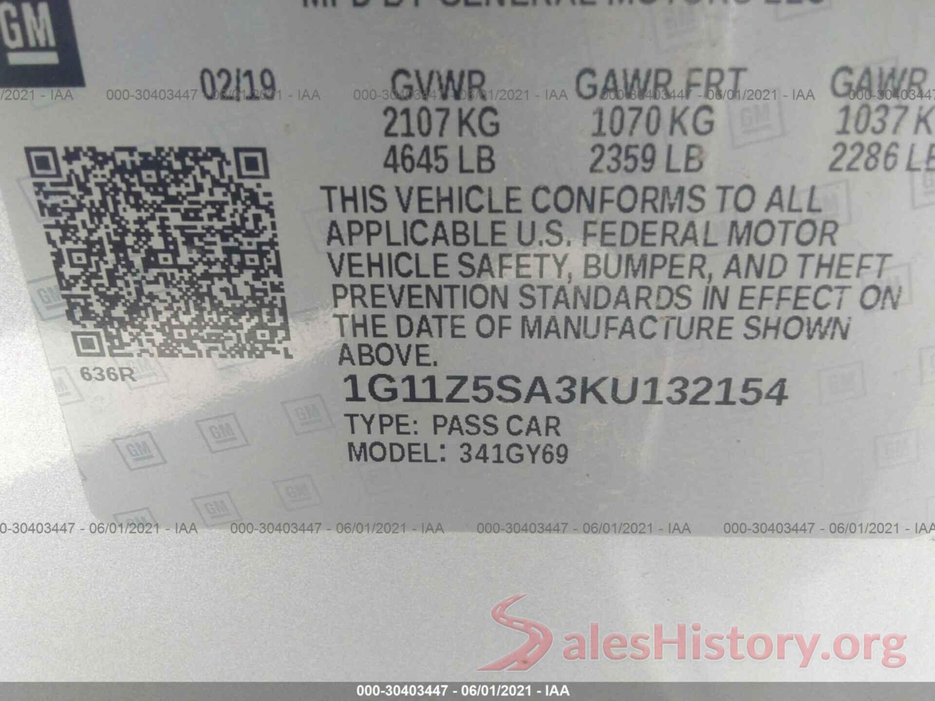 1G11Z5SA3KU132154 2019 CHEVROLET IMPALA