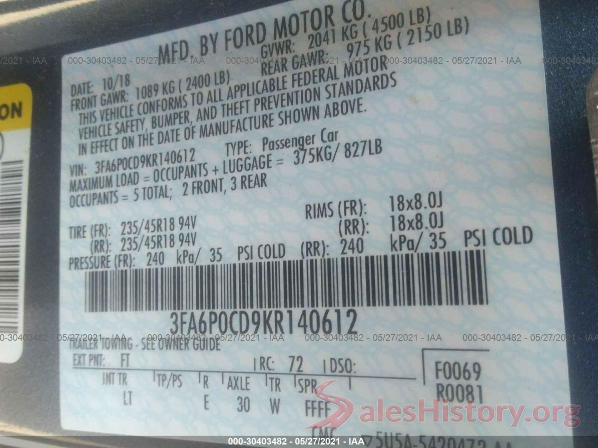 3FA6P0CD9KR140612 2019 FORD FUSION