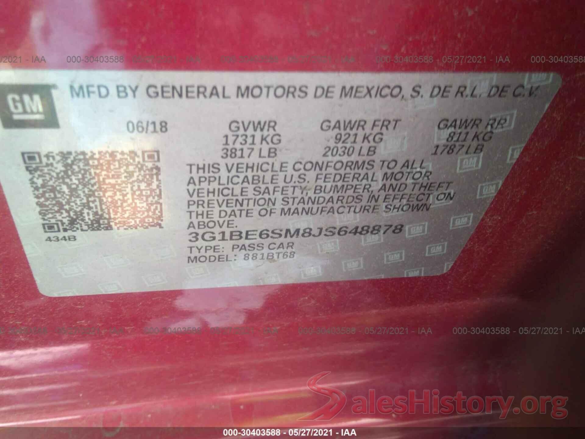 3G1BE6SM8JS648878 2018 CHEVROLET CRUZE