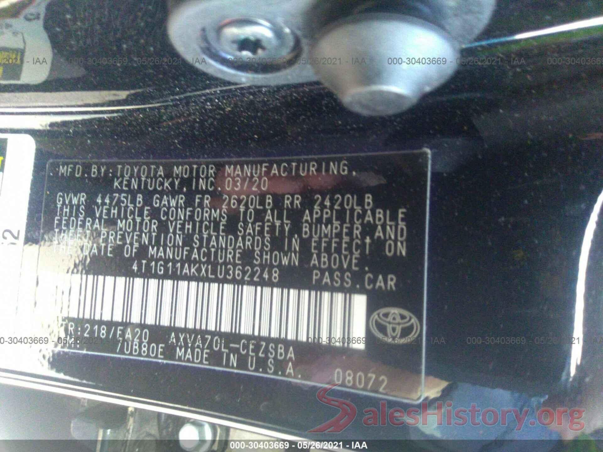 4T1G11AKXLU362248 2020 TOYOTA CAMRY