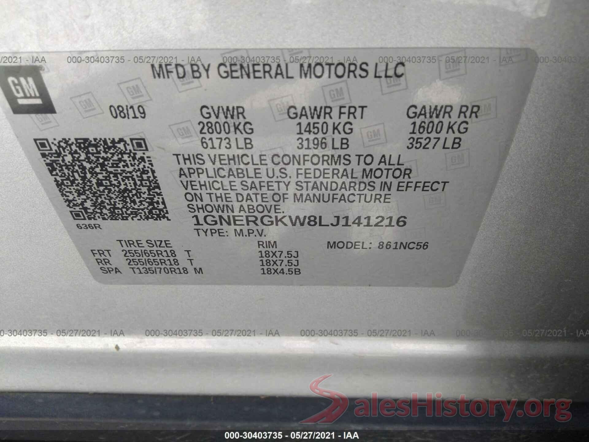 1GNERGKW8LJ141216 2020 CHEVROLET TRAVERSE