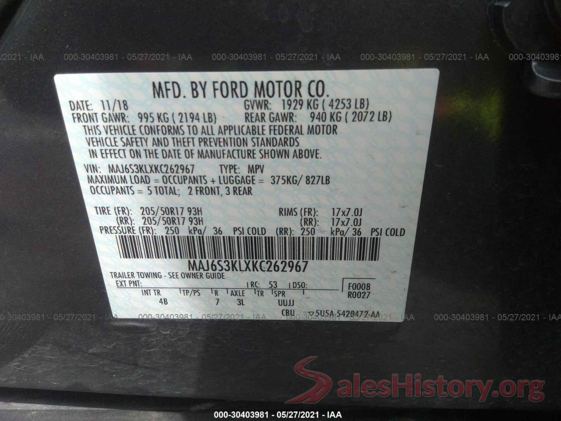 MAJ6S3KLXKC262967 2019 FORD ECOSPORT