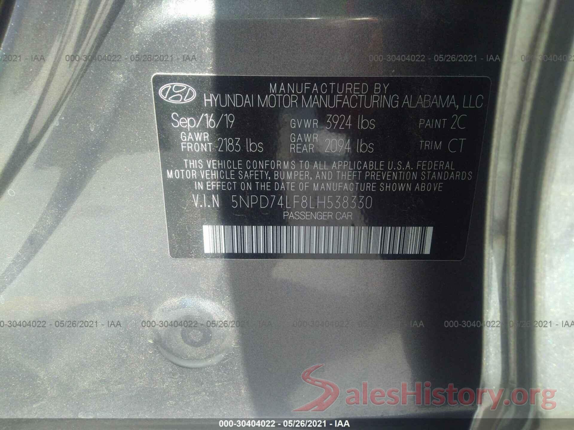 5NPD74LF8LH538330 2020 HYUNDAI ELANTRA