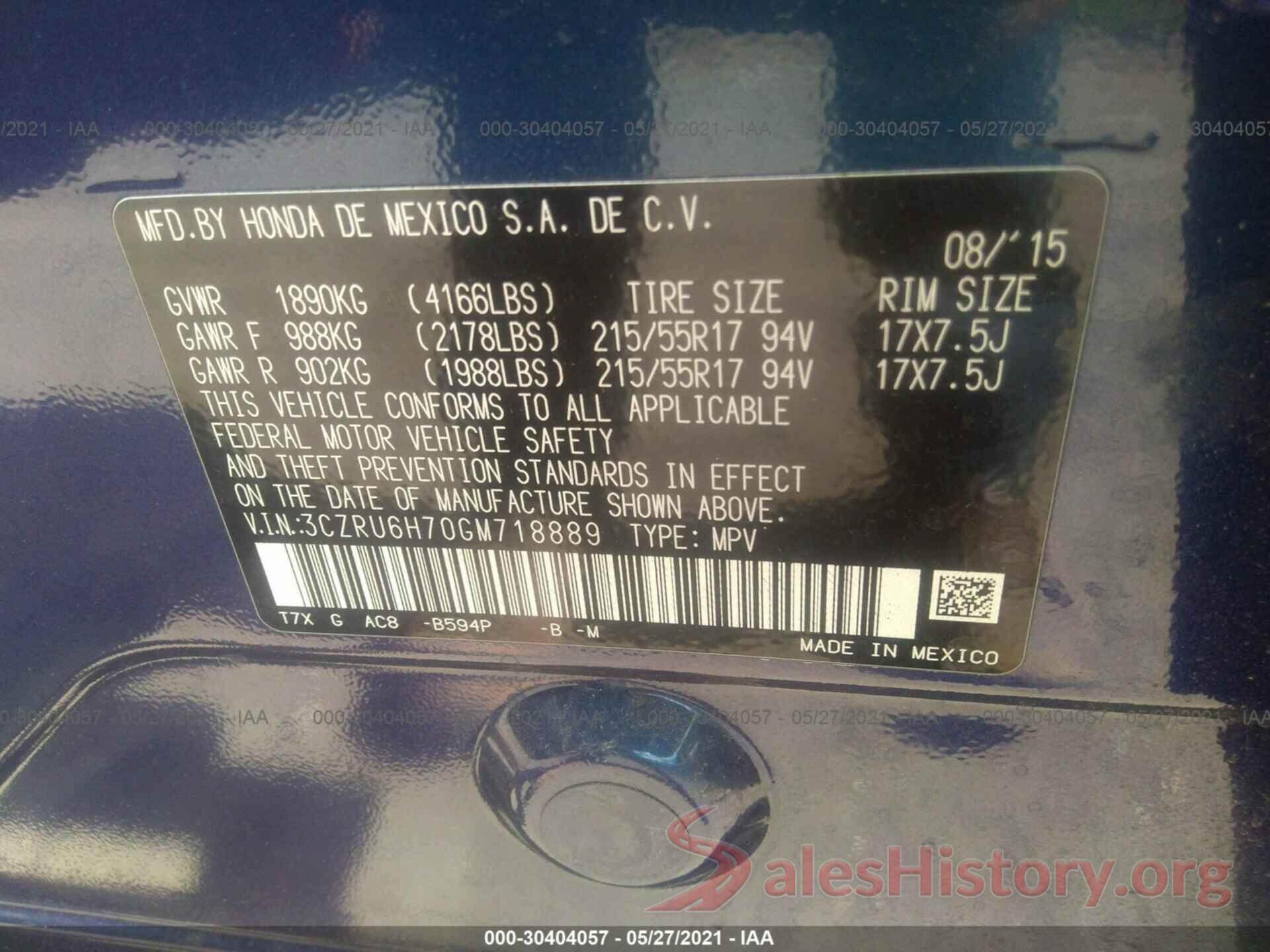 3CZRU6H70GM718889 2016 HONDA HR-V