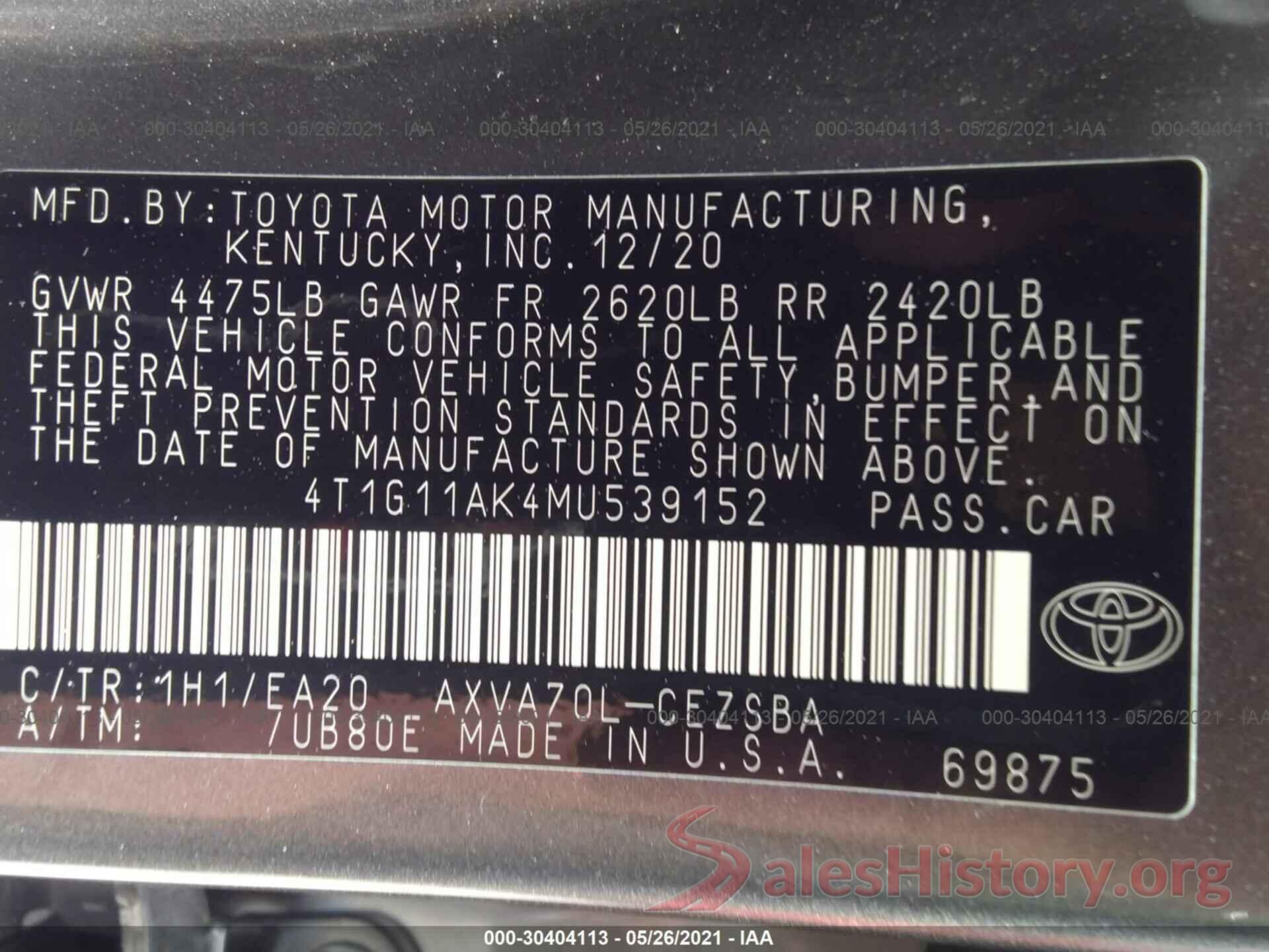 4T1G11AK4MU539152 2021 TOYOTA CAMRY