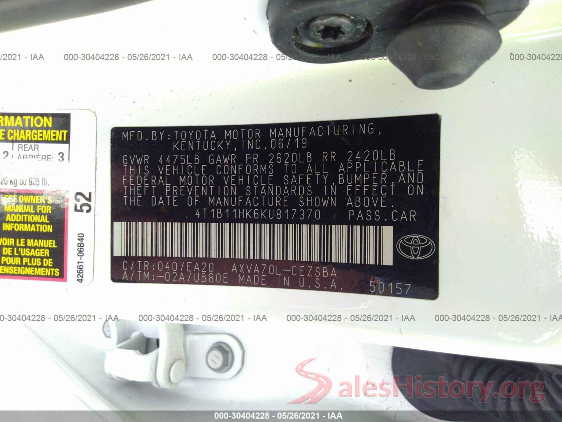 4T1B11HK6KU817370 2019 TOYOTA CAMRY