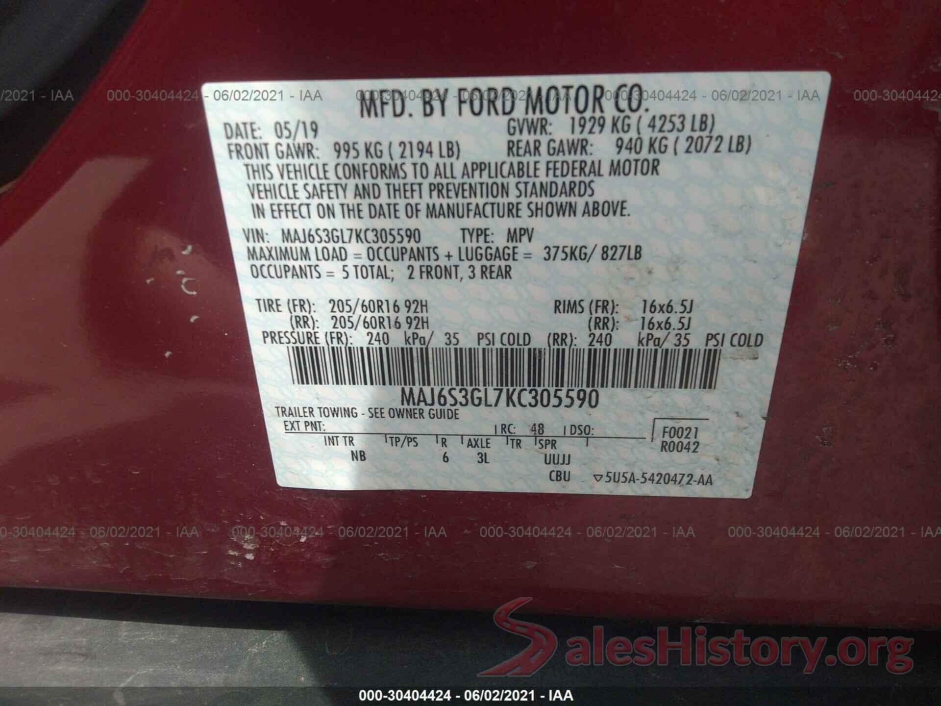 MAJ6S3GL7KC305590 2019 FORD ECOSPORT