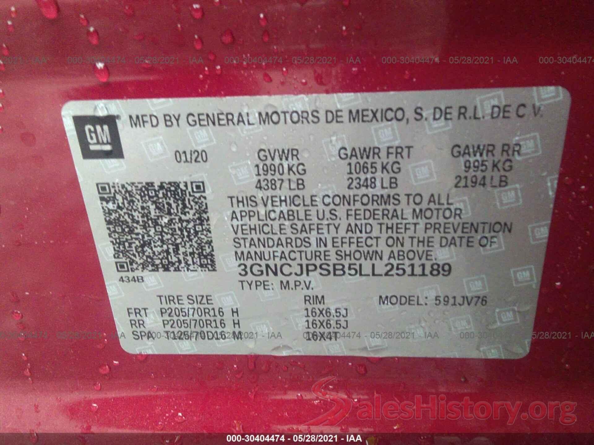 3GNCJPSB5LL251189 2020 CHEVROLET TRAX