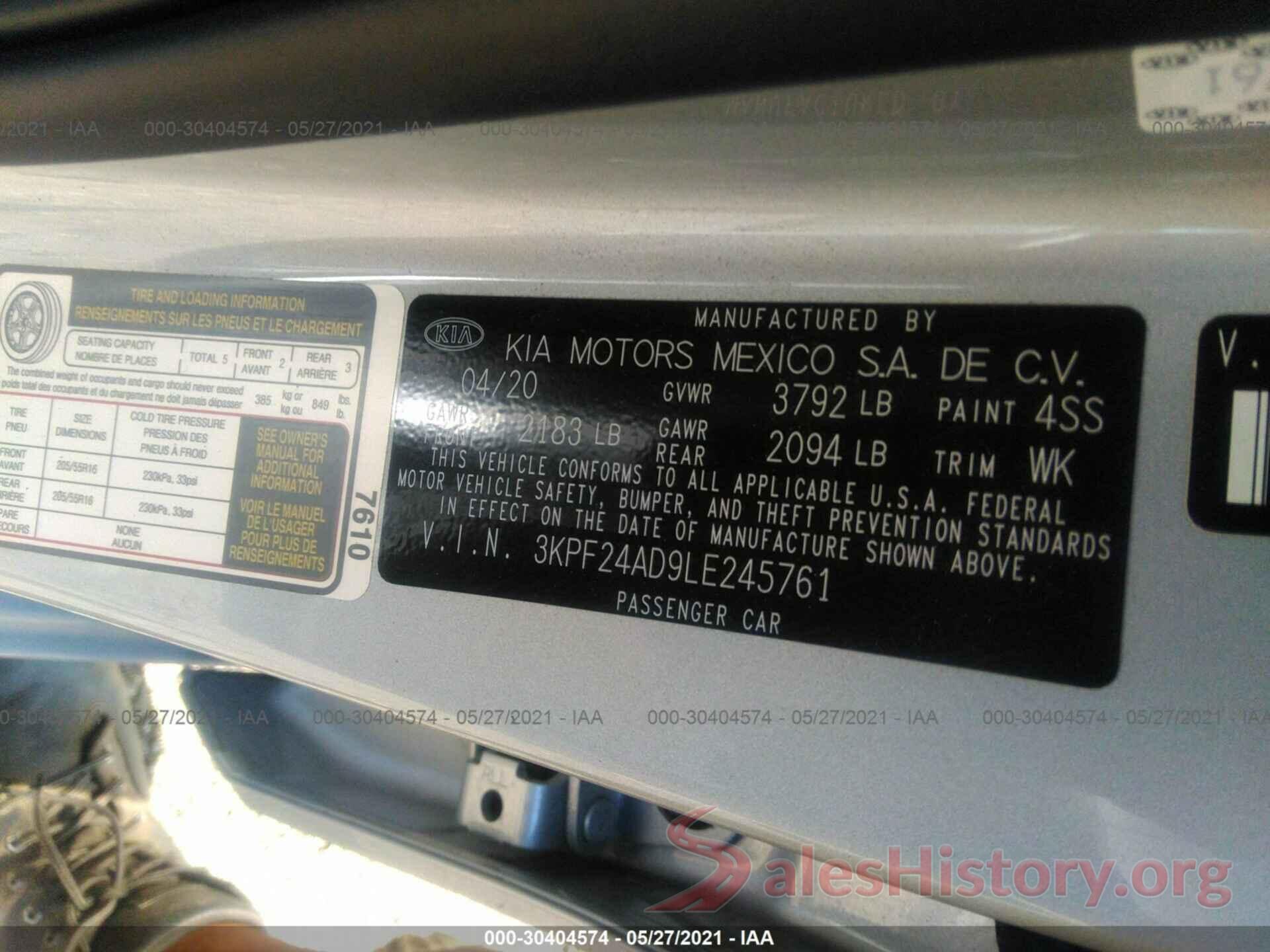 3KPF24AD9LE245761 2020 KIA FORTE