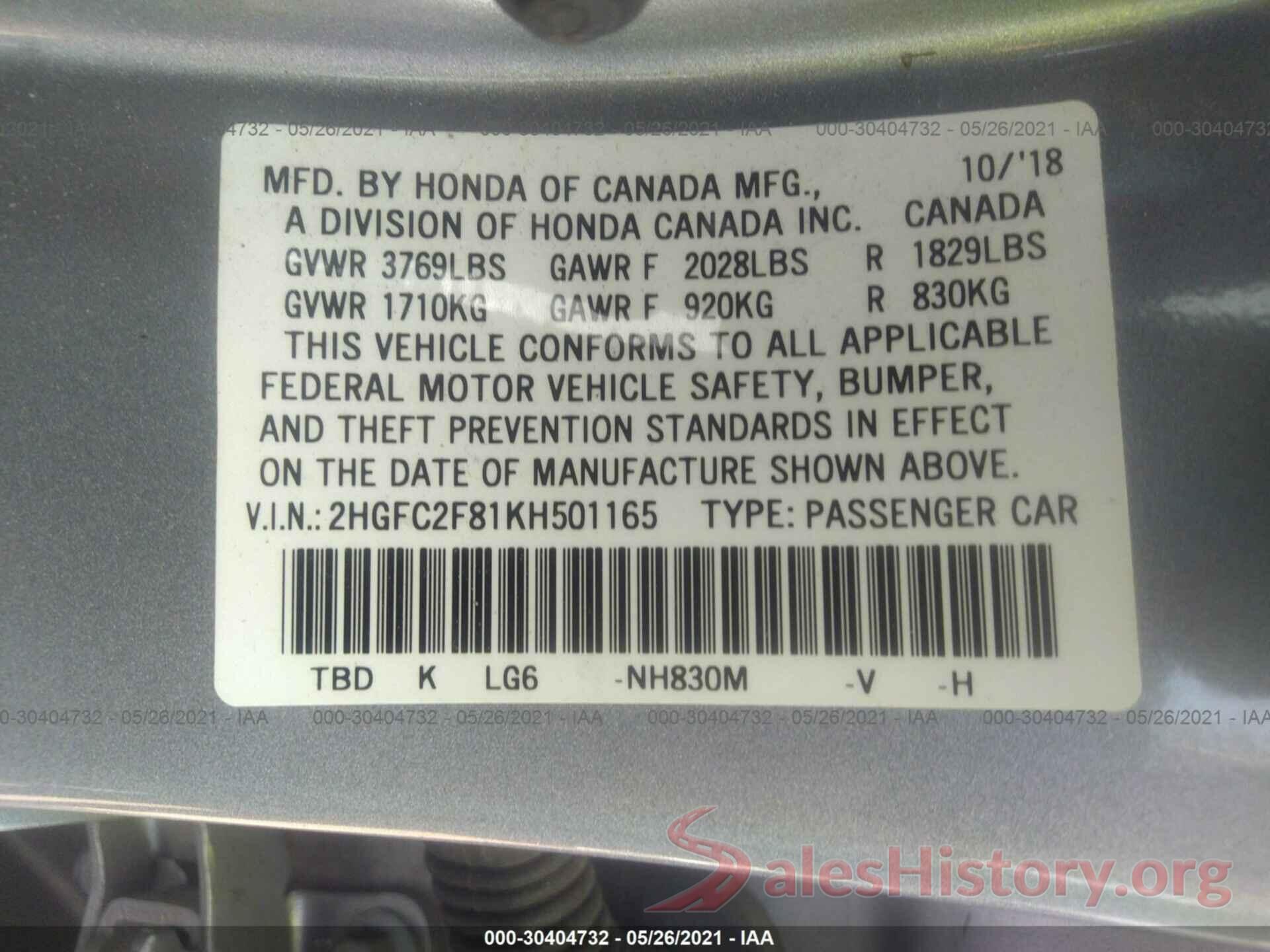 2HGFC2F81KH501165 2019 HONDA CIVIC SEDAN