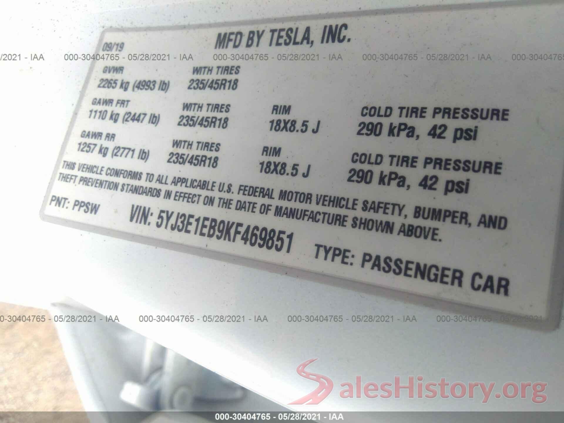 5YJ3E1EB9KF469851 2019 TESLA MODEL 3