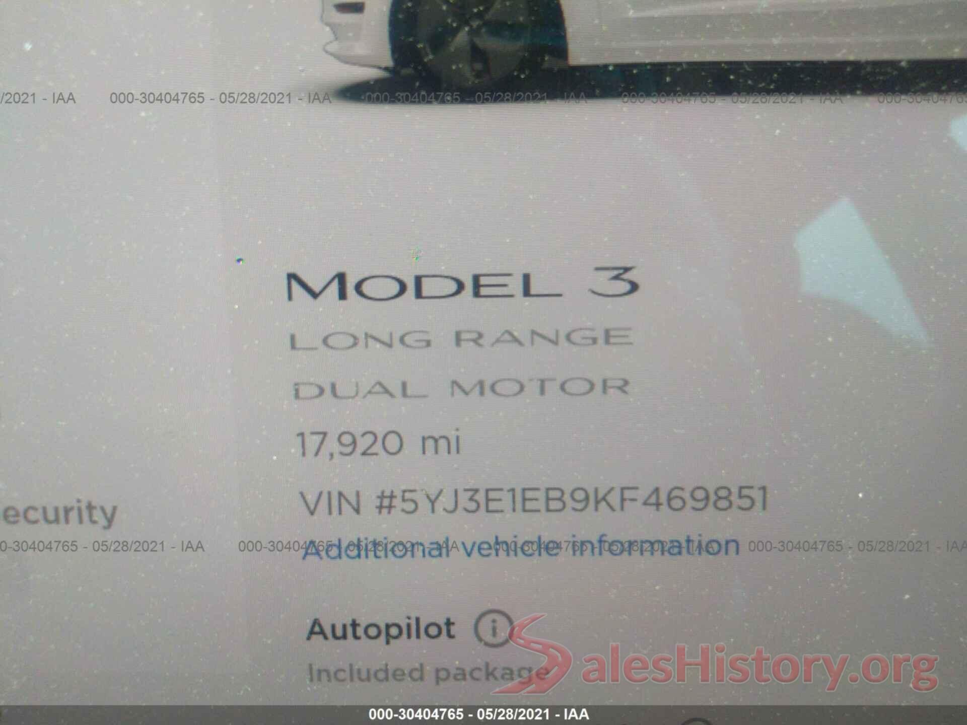 5YJ3E1EB9KF469851 2019 TESLA MODEL 3