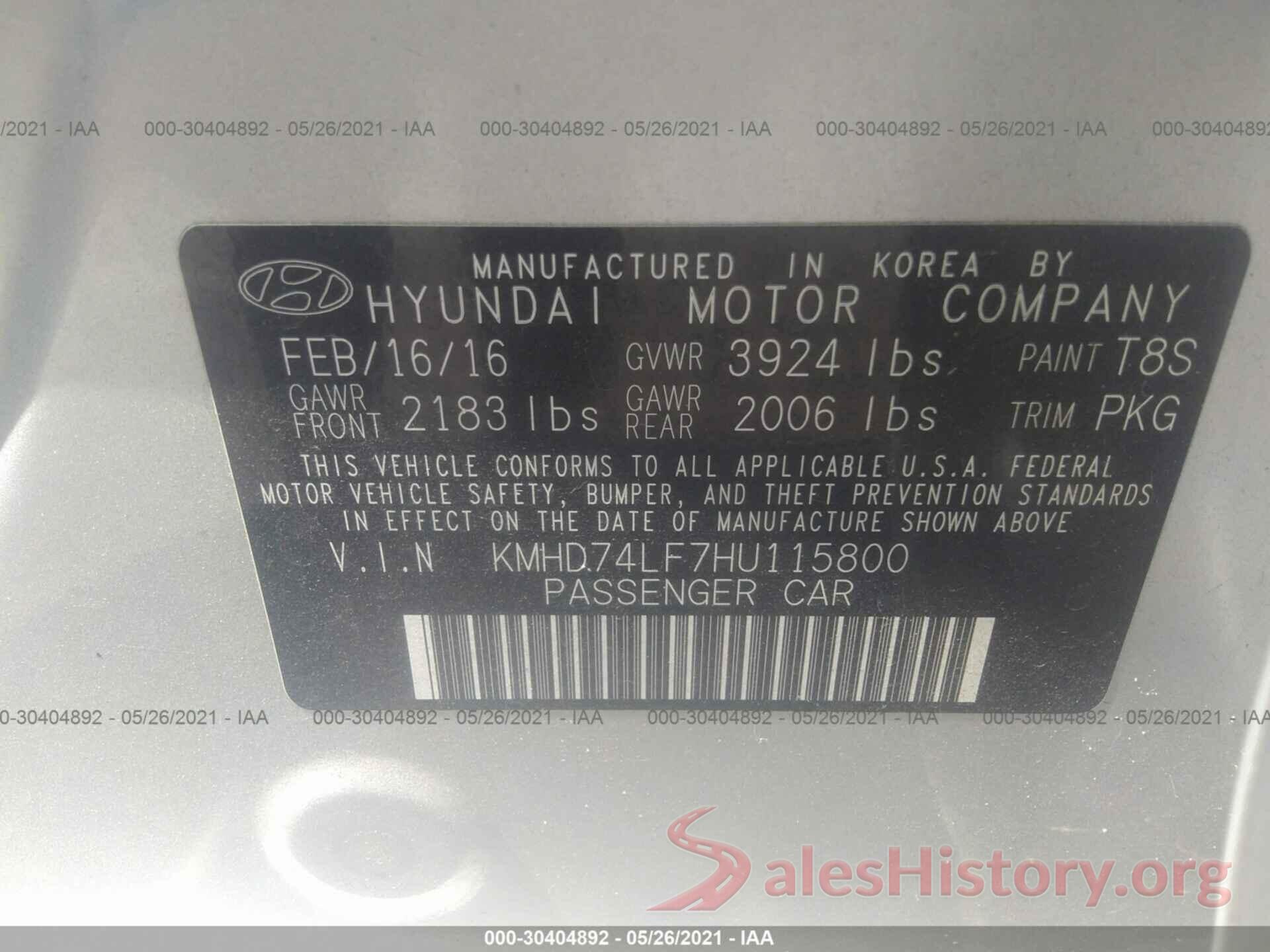 KMHD74LF7HU115800 2017 HYUNDAI ELANTRA