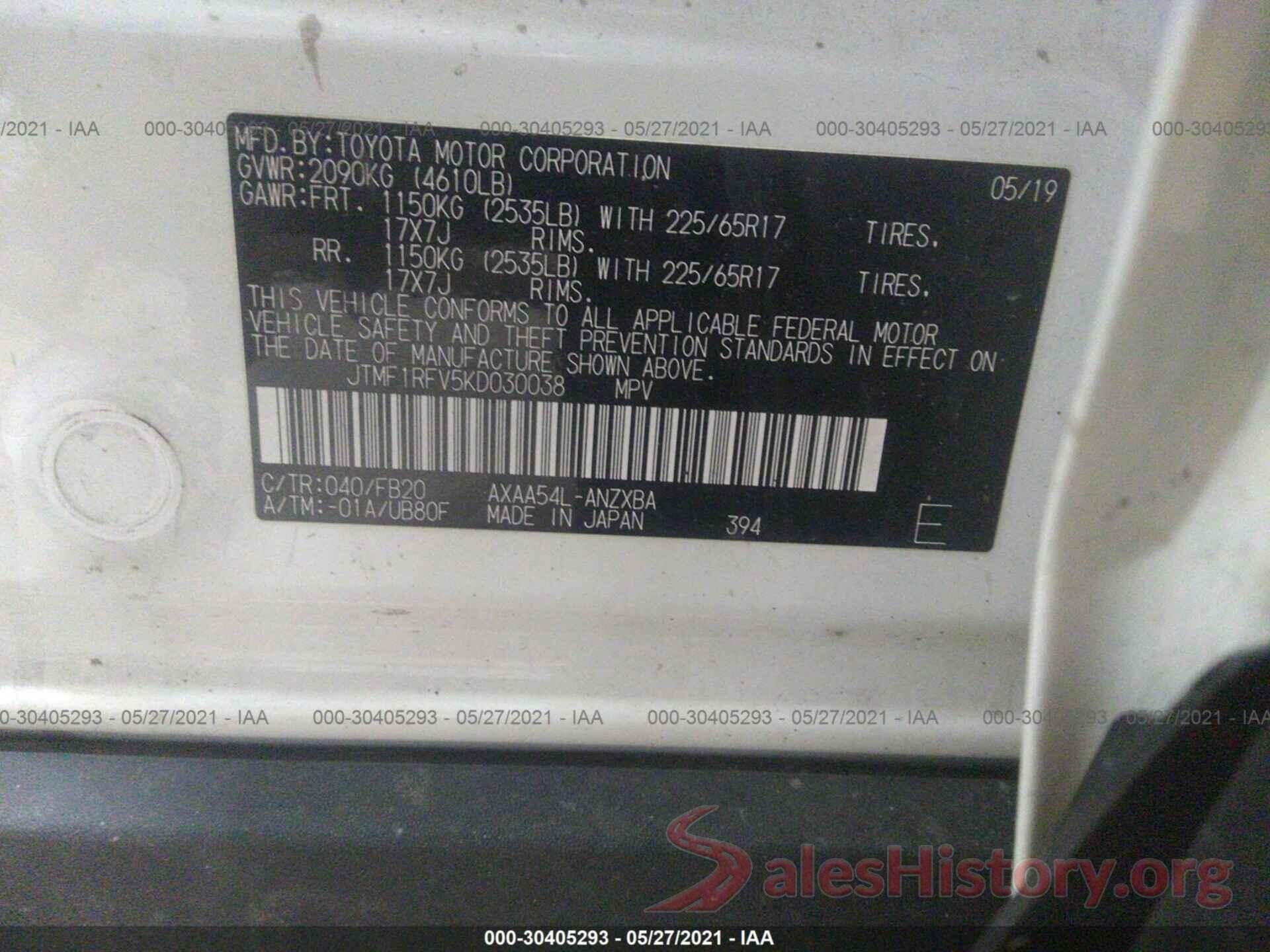 JTMF1RFV5KD030038 2019 TOYOTA RAV4