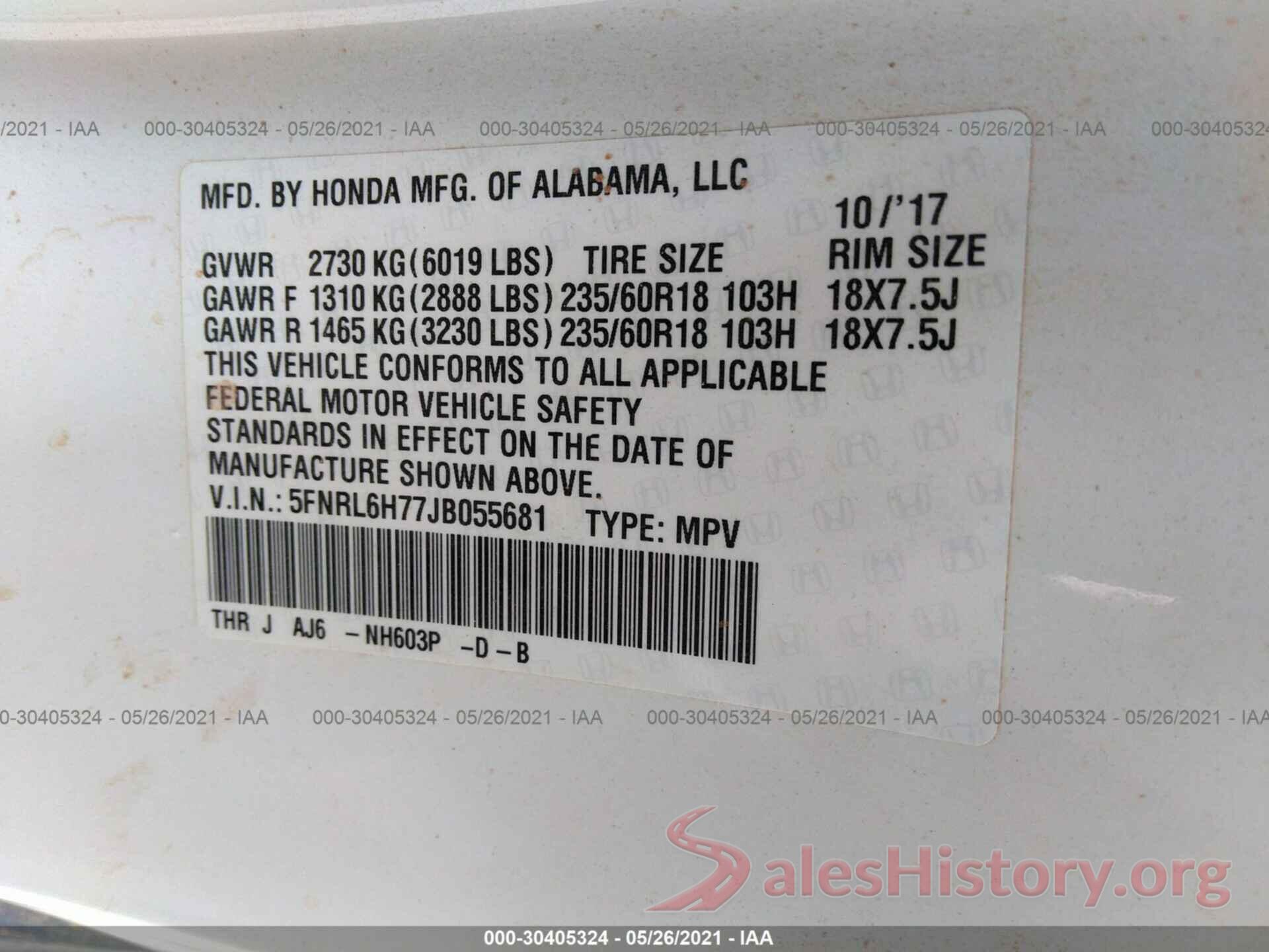 5FNRL6H77JB055681 2018 HONDA ODYSSEY