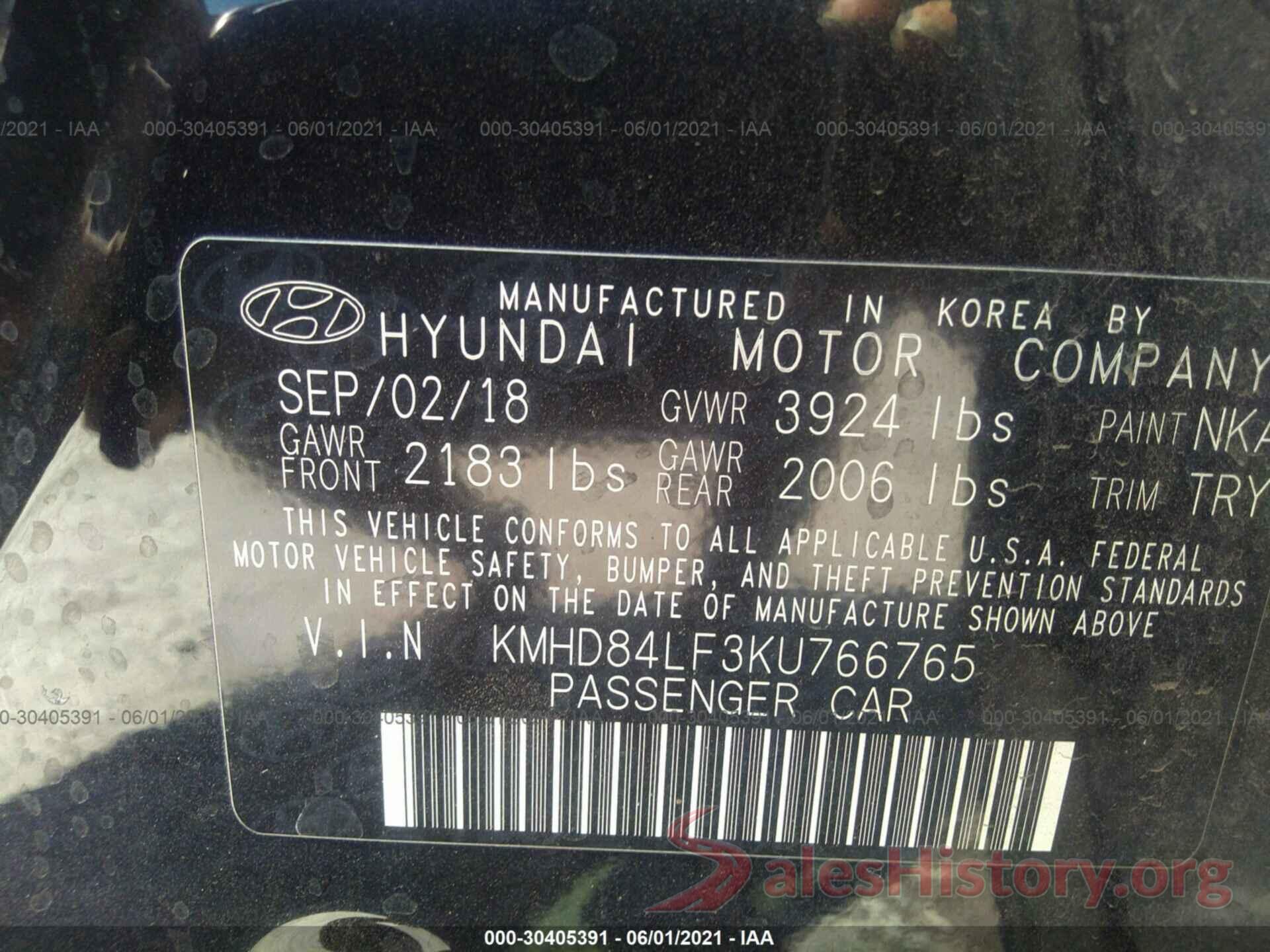 KMHD84LF3KU766765 2019 HYUNDAI ELANTRA