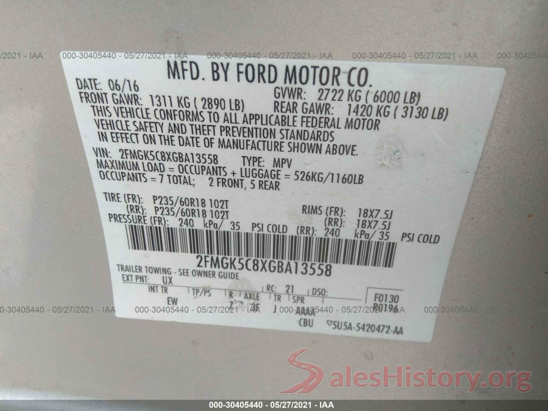 2FMGK5C8XGBA13558 2016 FORD FLEX