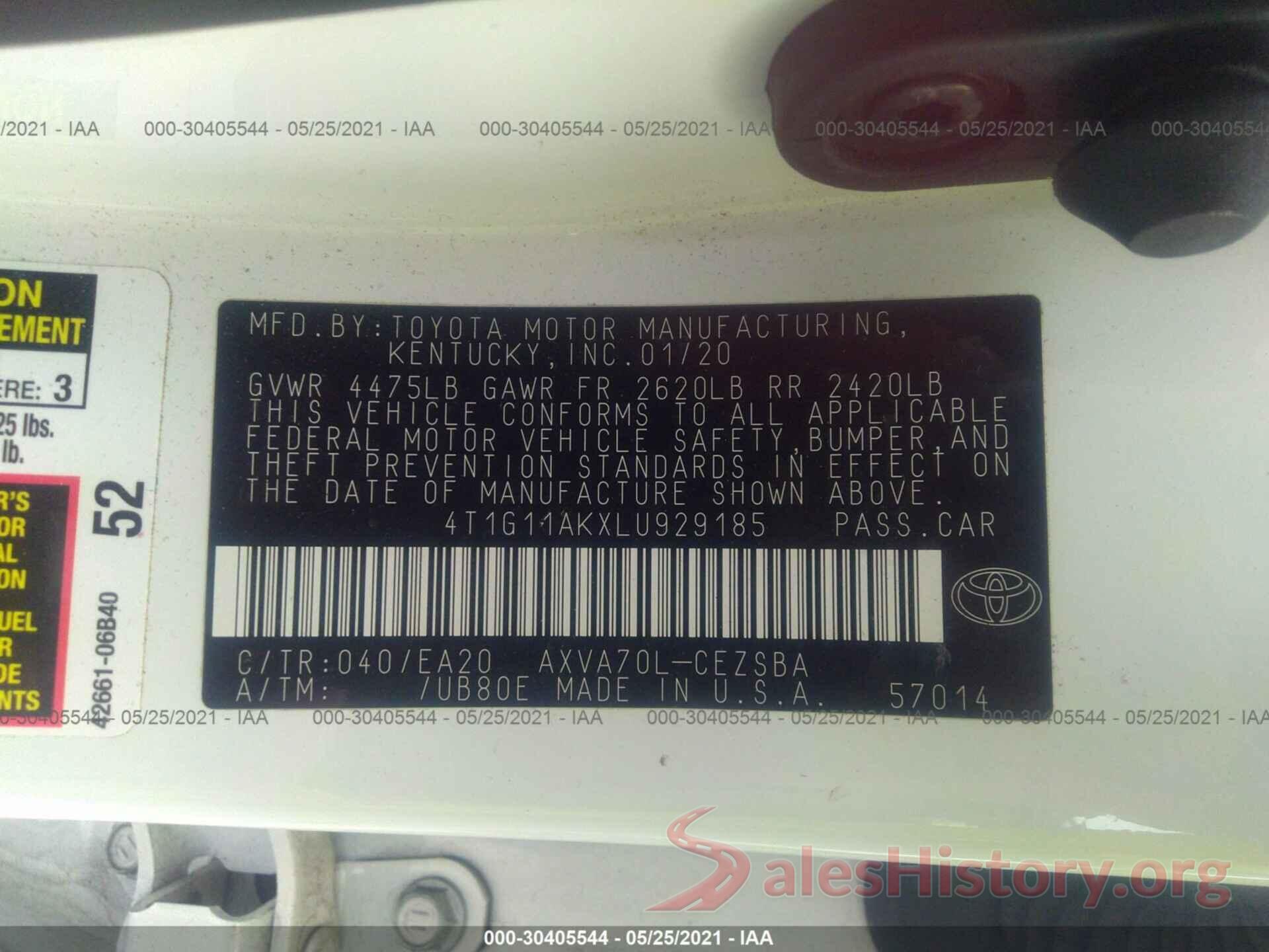 4T1G11AKXLU929185 2020 TOYOTA CAMRY