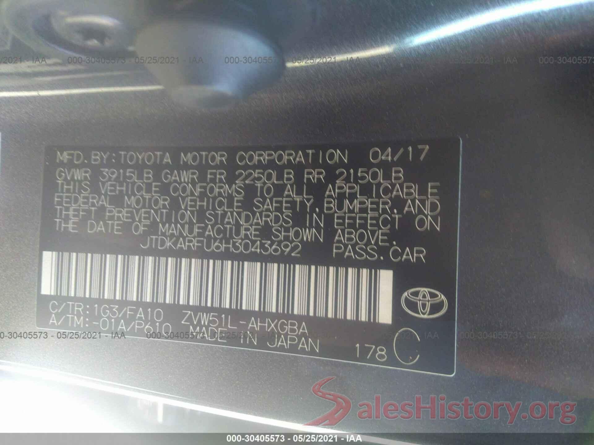 JTDKARFU6H3043692 2017 TOYOTA PRIUS