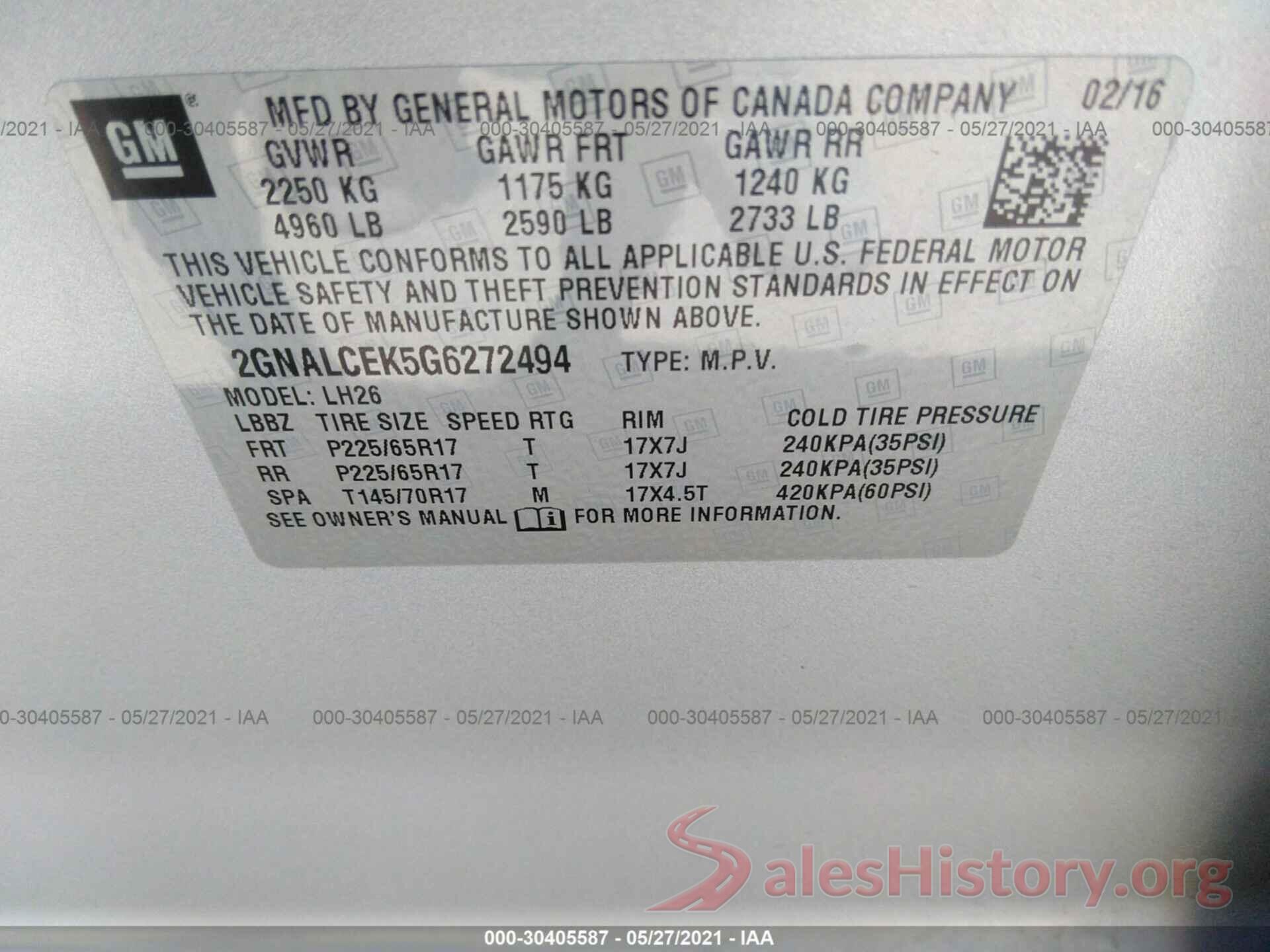 2GNALCEK5G6272494 2016 CHEVROLET EQUINOX