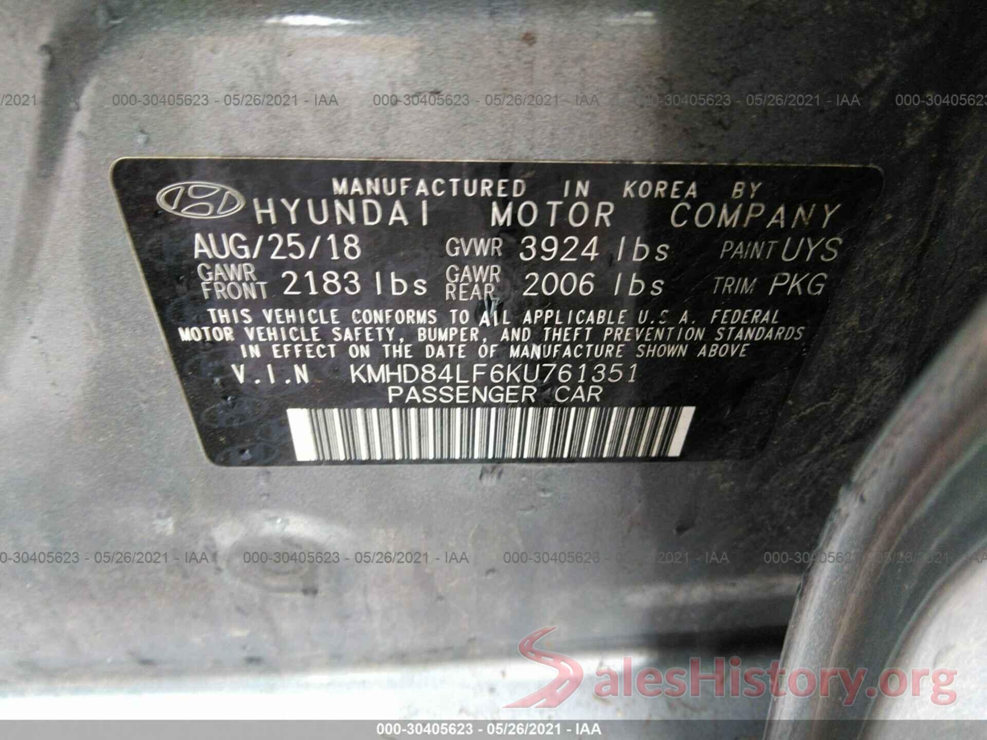 KMHD84LF6KU761351 2019 HYUNDAI ELANTRA