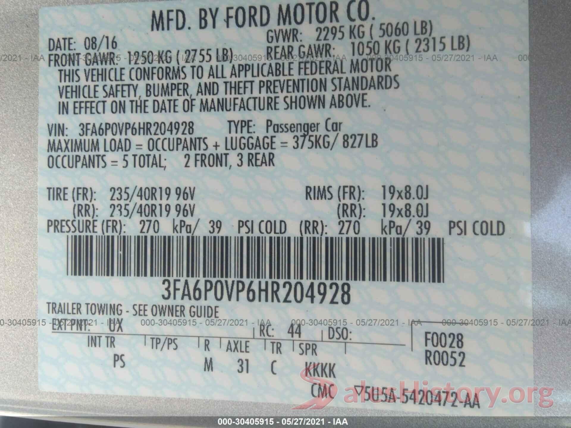 3FA6P0VP6HR204928 2017 FORD FUSION