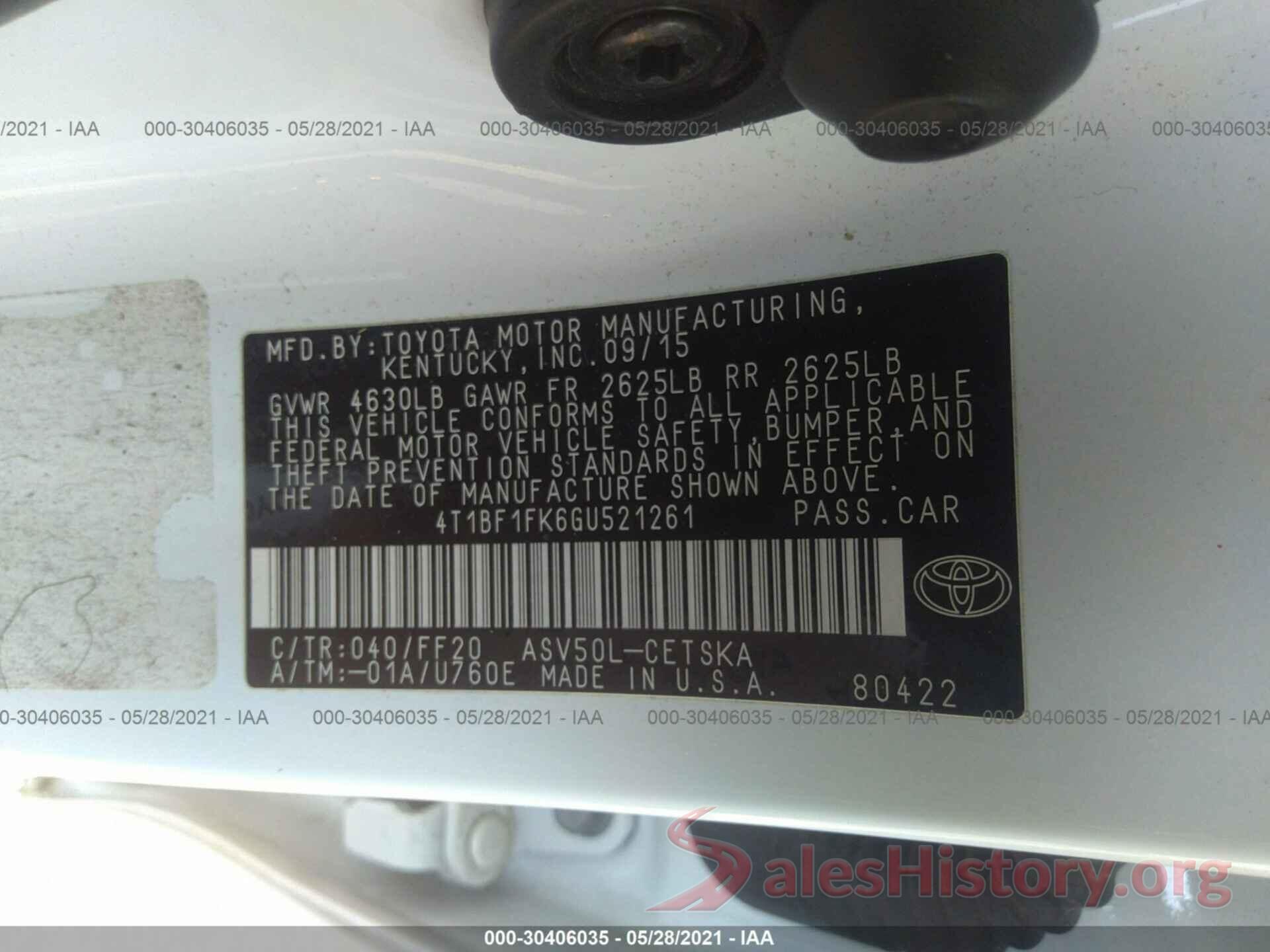 4T1BF1FK6GU521261 2016 TOYOTA CAMRY