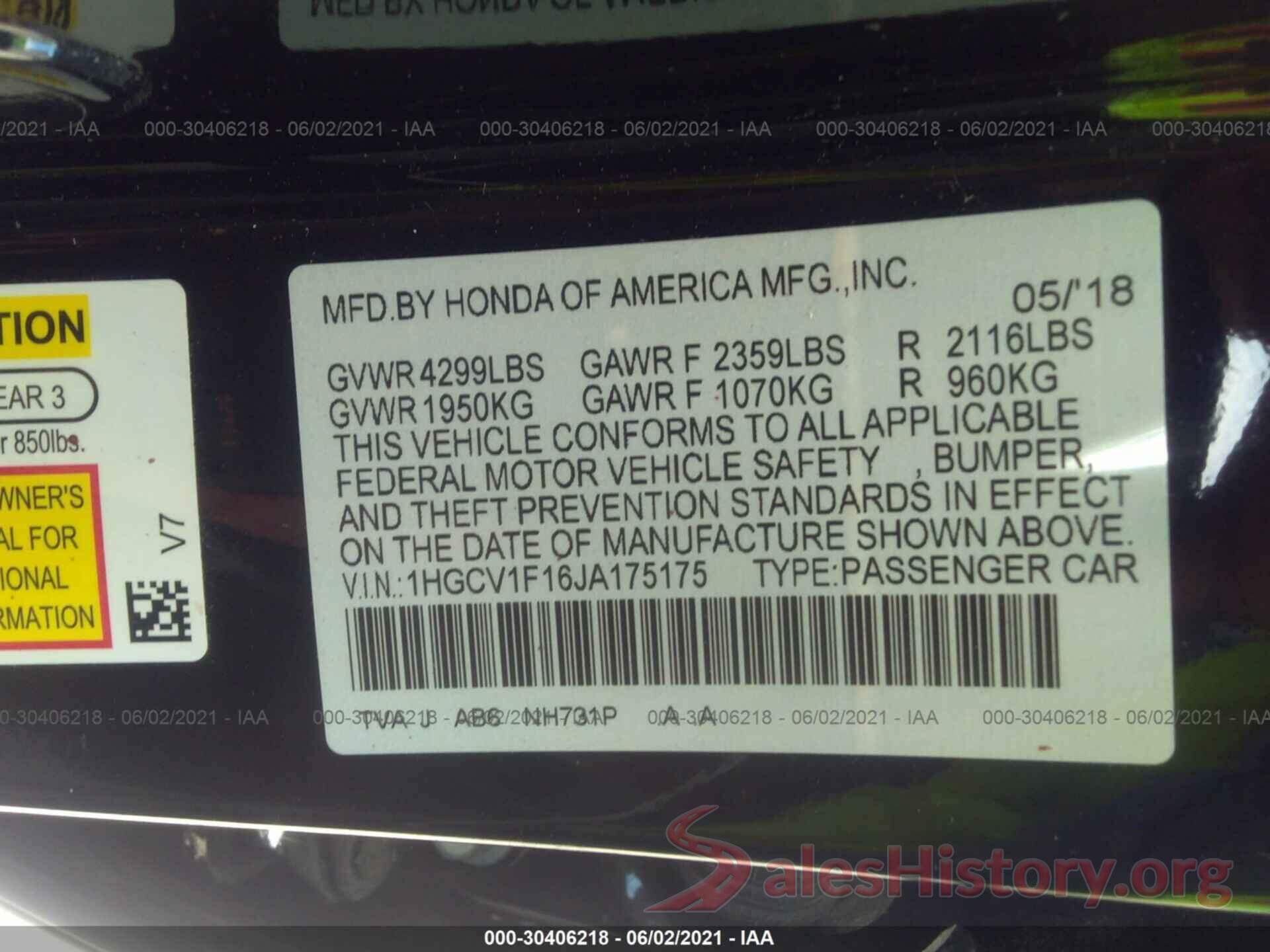 1HGCV1F16JA175175 2018 HONDA ACCORD SEDAN