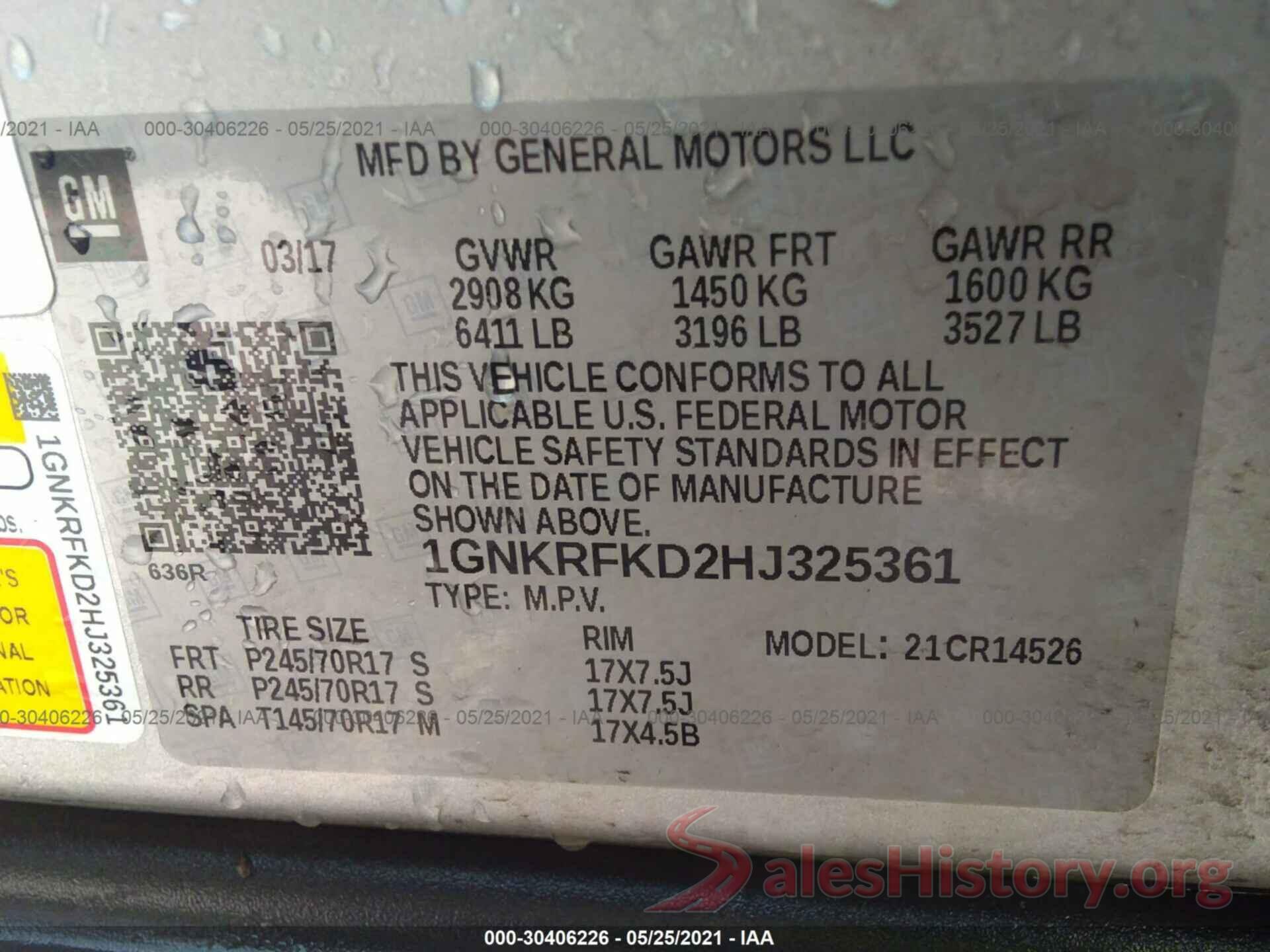 1GNKRFKD2HJ325361 2017 CHEVROLET TRAVERSE