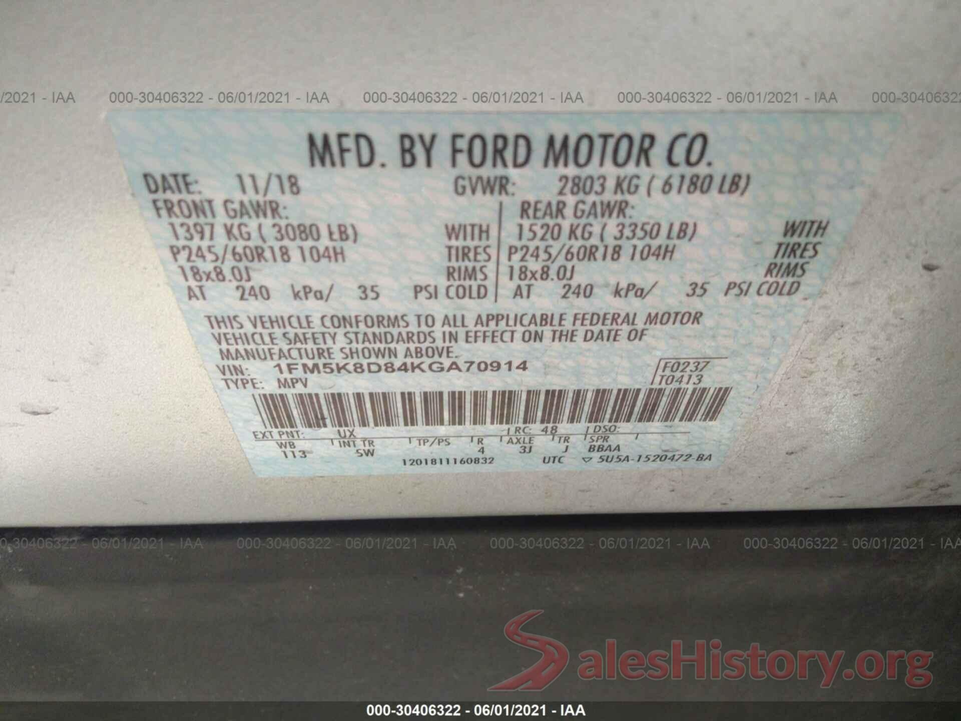 1FM5K8D84KGA70914 2019 FORD EXPLORER