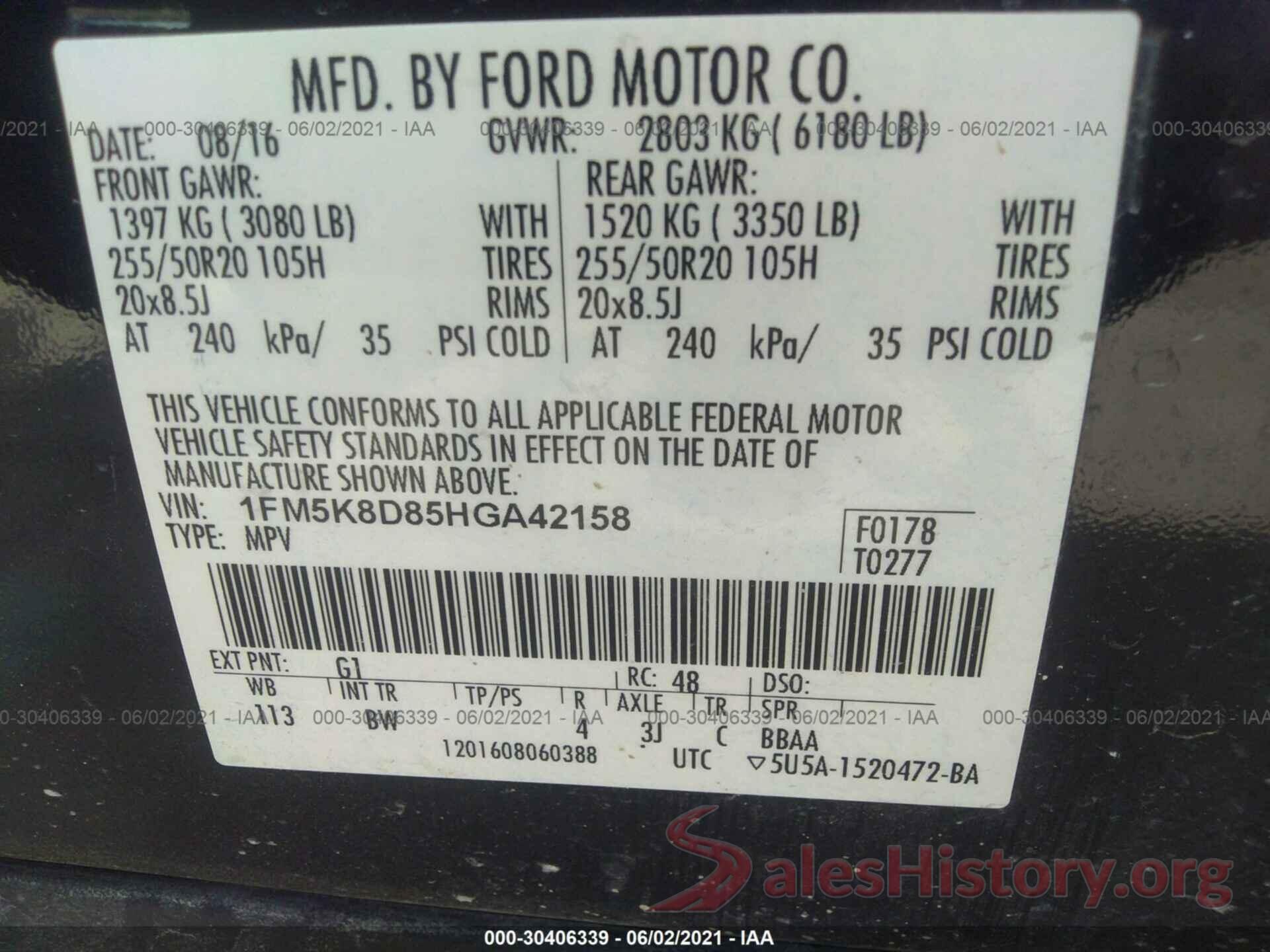 1FM5K8D85HGA42158 2017 FORD EXPLORER